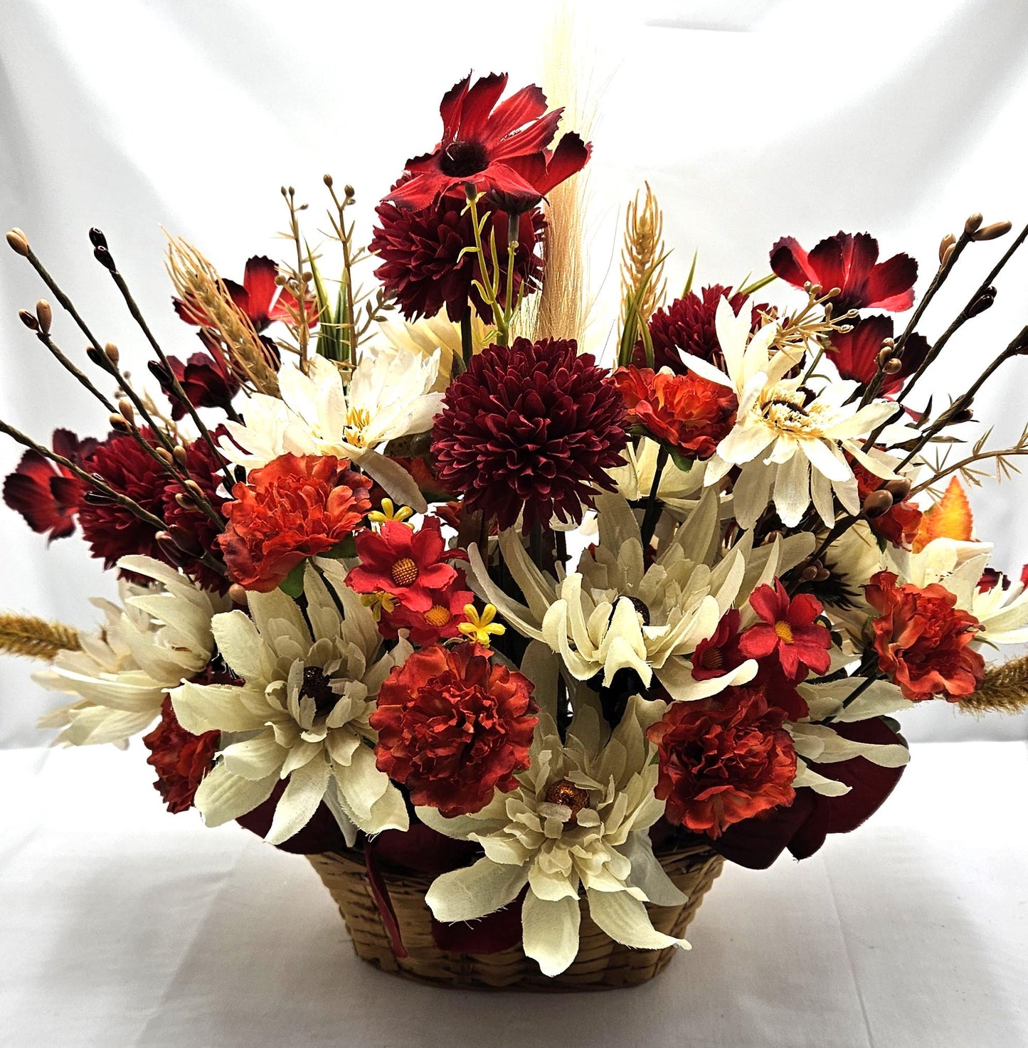 Deep Red and White Mums, Daisies, Other Wildflowers/Fall Leaves/Woodland Raccoon, Set in Handle Wicker Basket, Fall/Autumn Accents