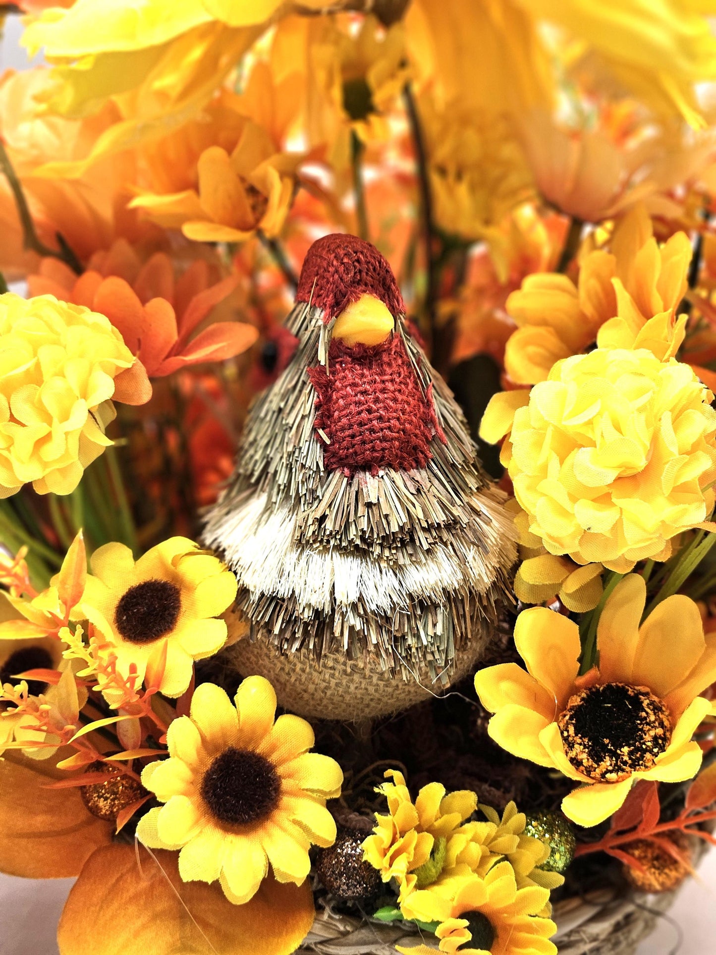 Burnt Oranges and Yellow Fall Flowers/Mums/Sunflowers/Grasses/Scarecrow/Rattan Straw Chicken Set in Tan Woven Basket/Auttumn/Fall Home Decor