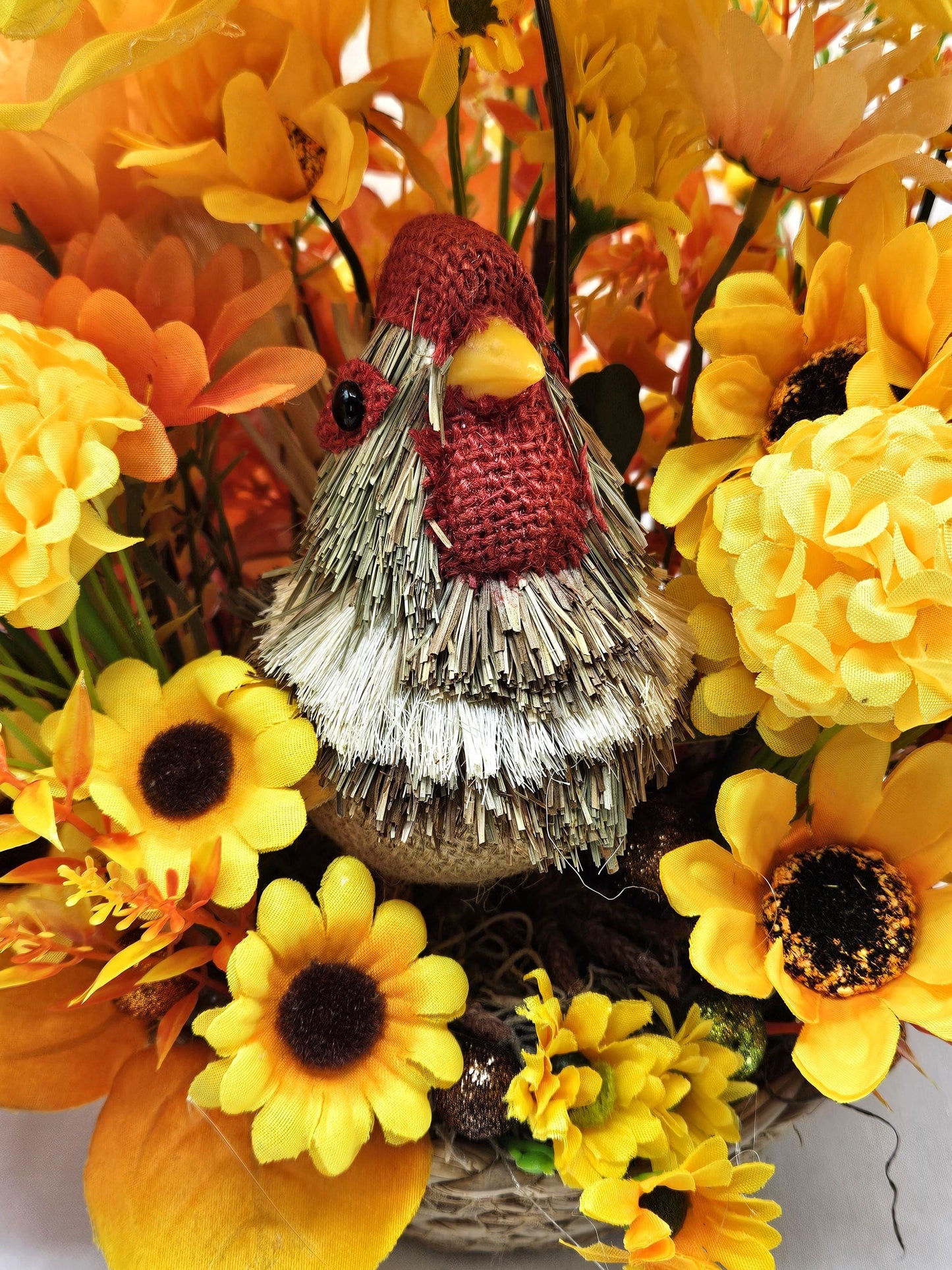 Burnt Oranges and Yellow Fall Flowers/Mums/Sunflowers/Grasses/Scarecrow/Rattan Straw Chicken Set in Tan Woven Basket/Auttumn/Fall Home Decor