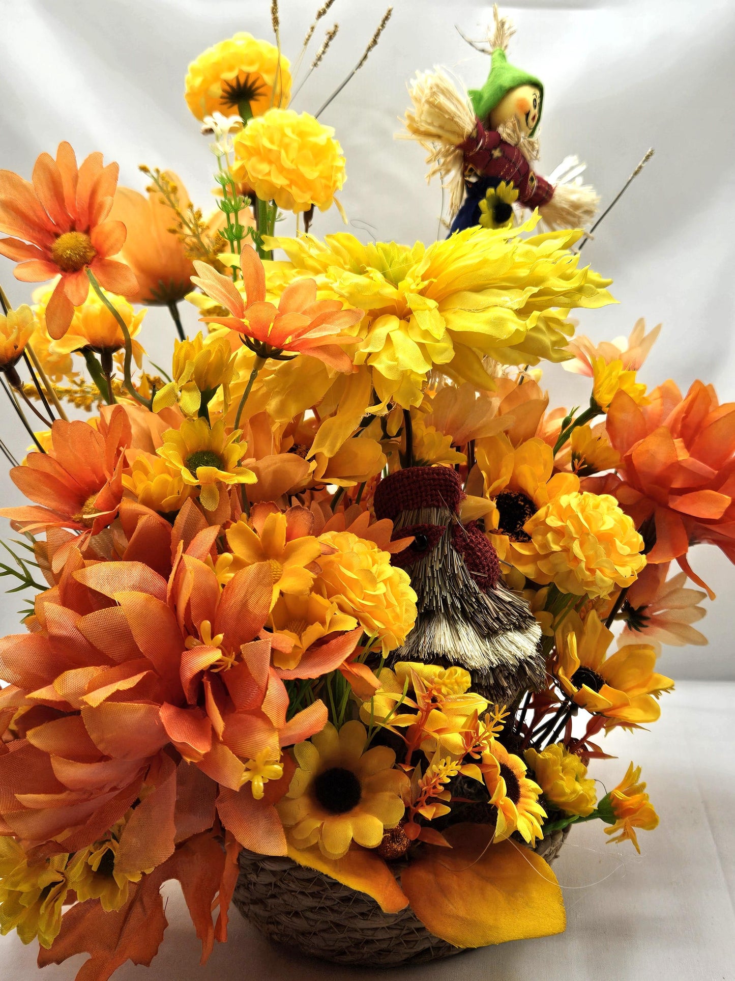 Burnt Oranges and Yellow Fall Flowers/Mums/Sunflowers/Grasses/Scarecrow/Rattan Straw Chicken Set in Tan Woven Basket/Auttumn/Fall Home Decor