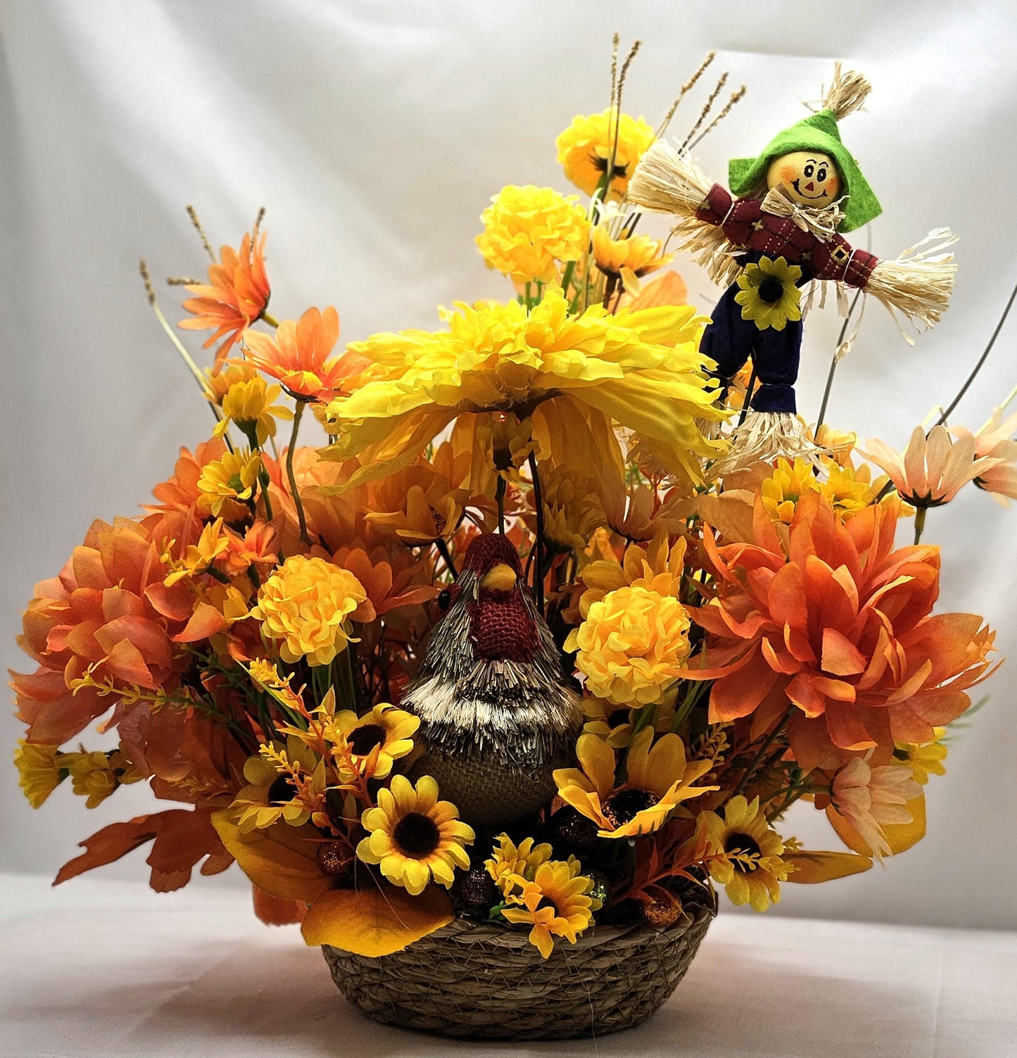 Burnt Oranges and Yellow Fall Flowers/Mums/Sunflowers/Grasses/Scarecrow/Rattan Straw Chicken Set in Tan Woven Basket/Auttumn/Fall Home Decor