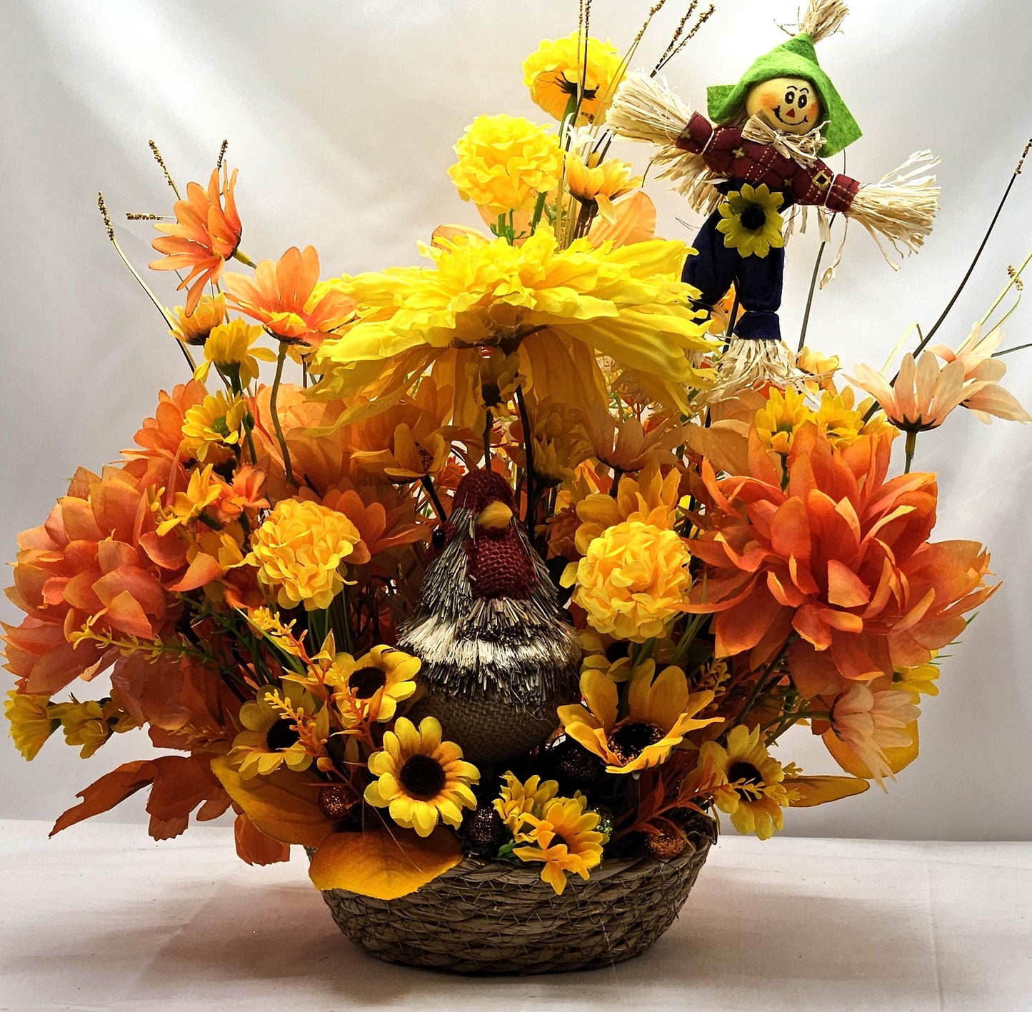Burnt Oranges and Yellow Fall Flowers/Mums/Sunflowers/Grasses/Scarecrow/Rattan Straw Chicken Set in Tan Woven Basket/Auttumn/Fall Home Decor