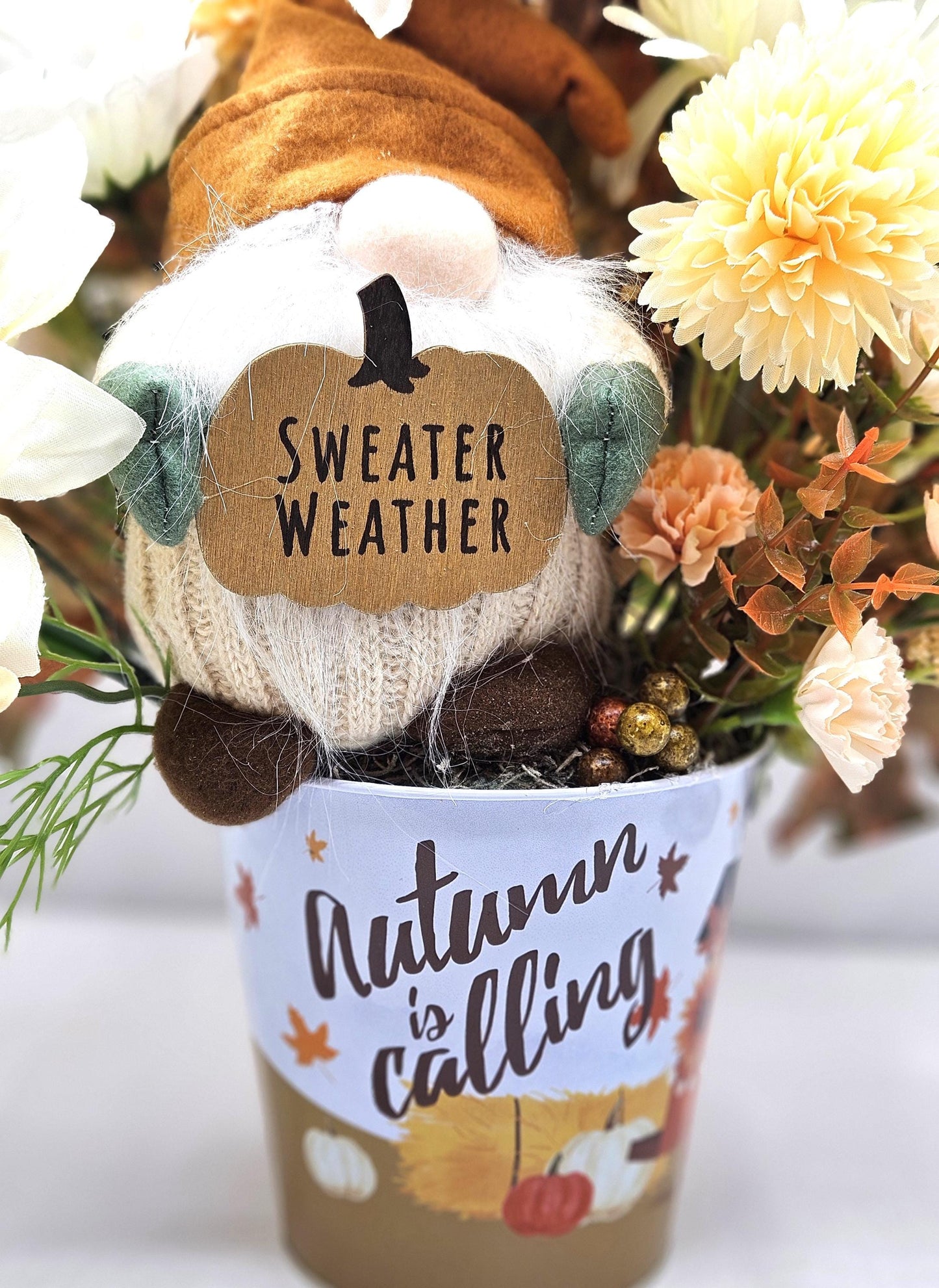 Autumn Is Calling Flower Arrangement/Sweater Weather Plush Gnome Amidst Maze Yellow Mums/Fall Flowers/White Sunflowers/Berries/Fall Leaves