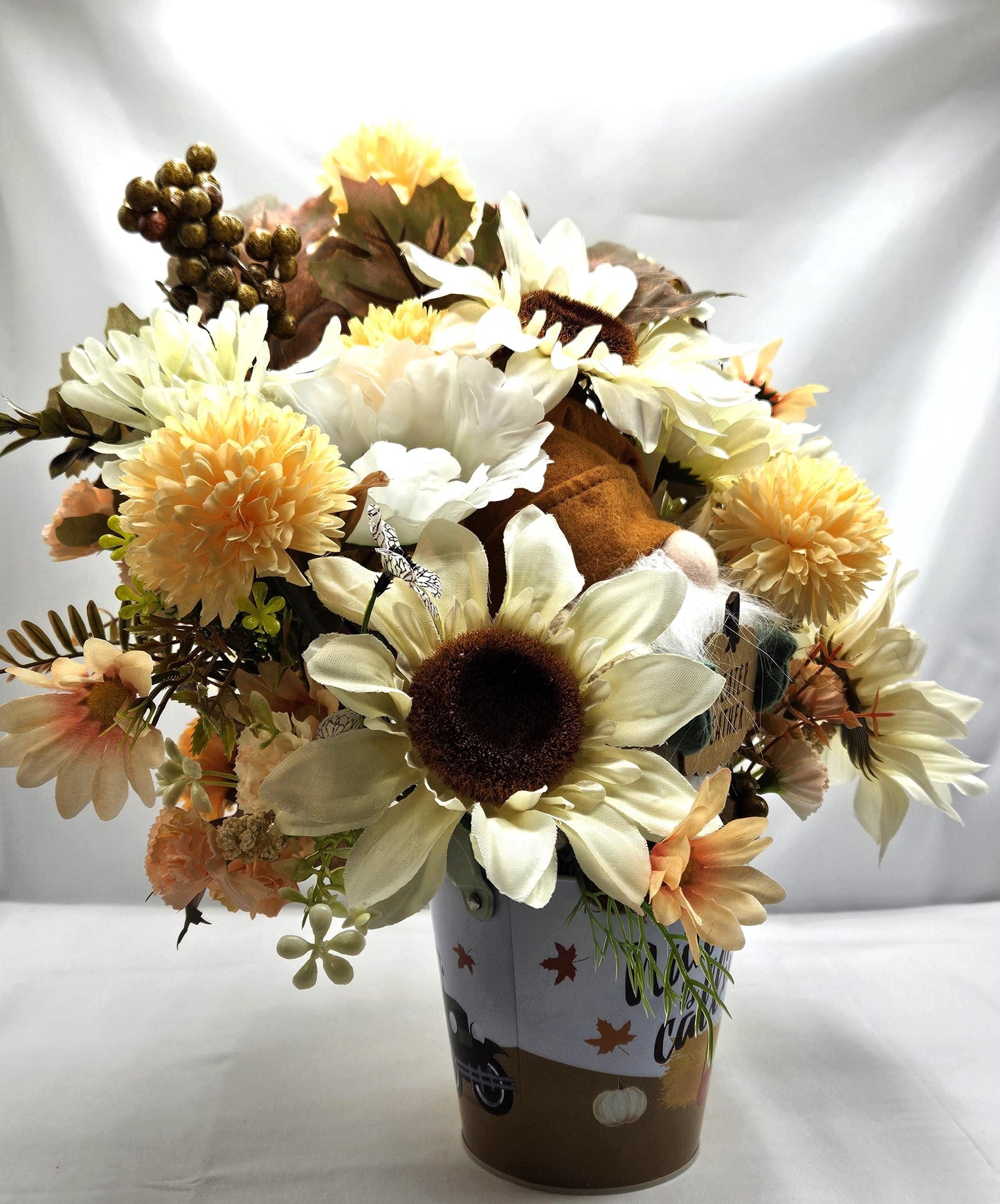 Autumn Is Calling Flower Arrangement/Sweater Weather Plush Gnome Amidst Maze Yellow Mums/Fall Flowers/White Sunflowers/Berries/Fall Leaves