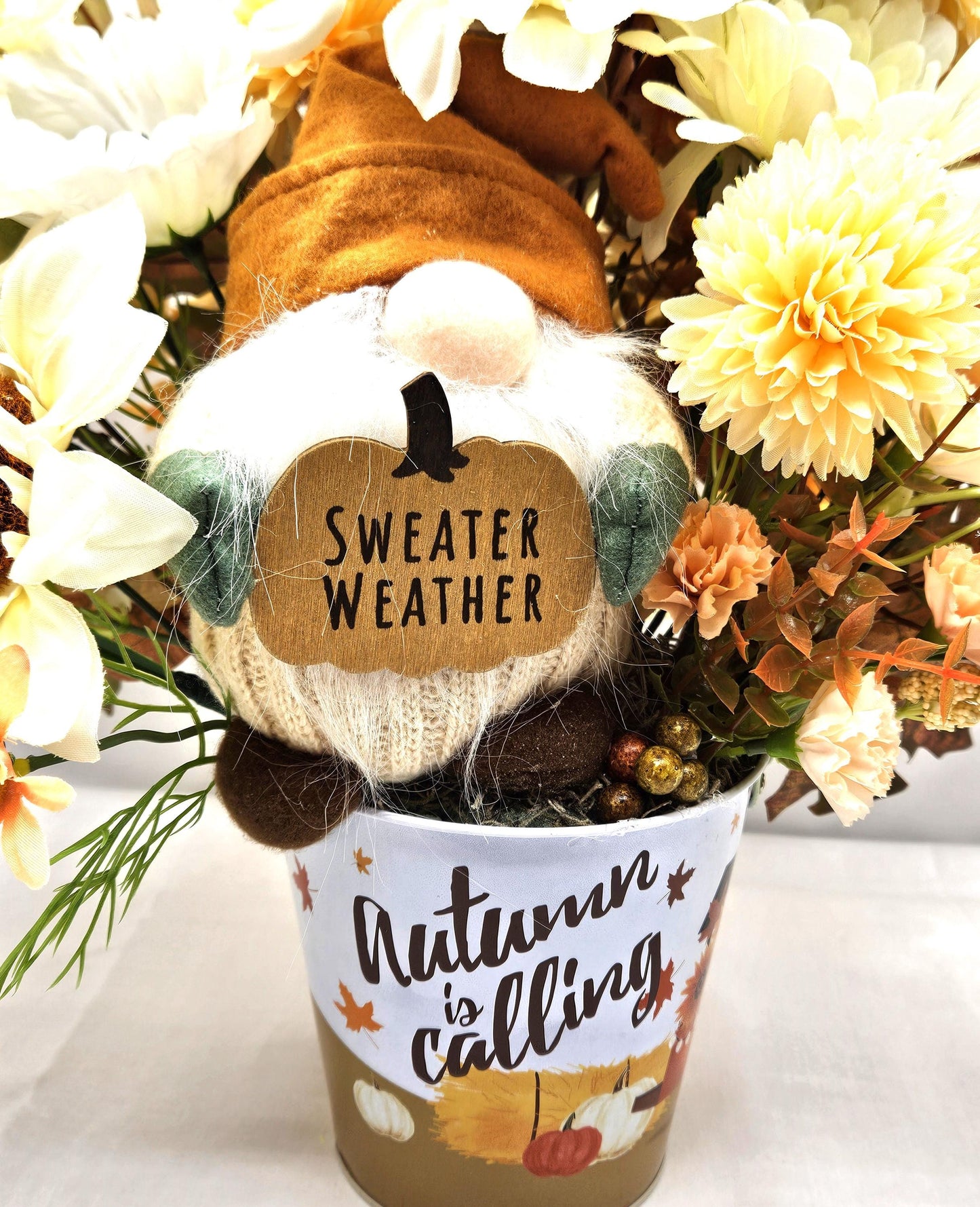 Autumn Is Calling Flower Arrangement/Sweater Weather Plush Gnome Amidst Maze Yellow Mums/Fall Flowers/White Sunflowers/Berries/Fall Leaves