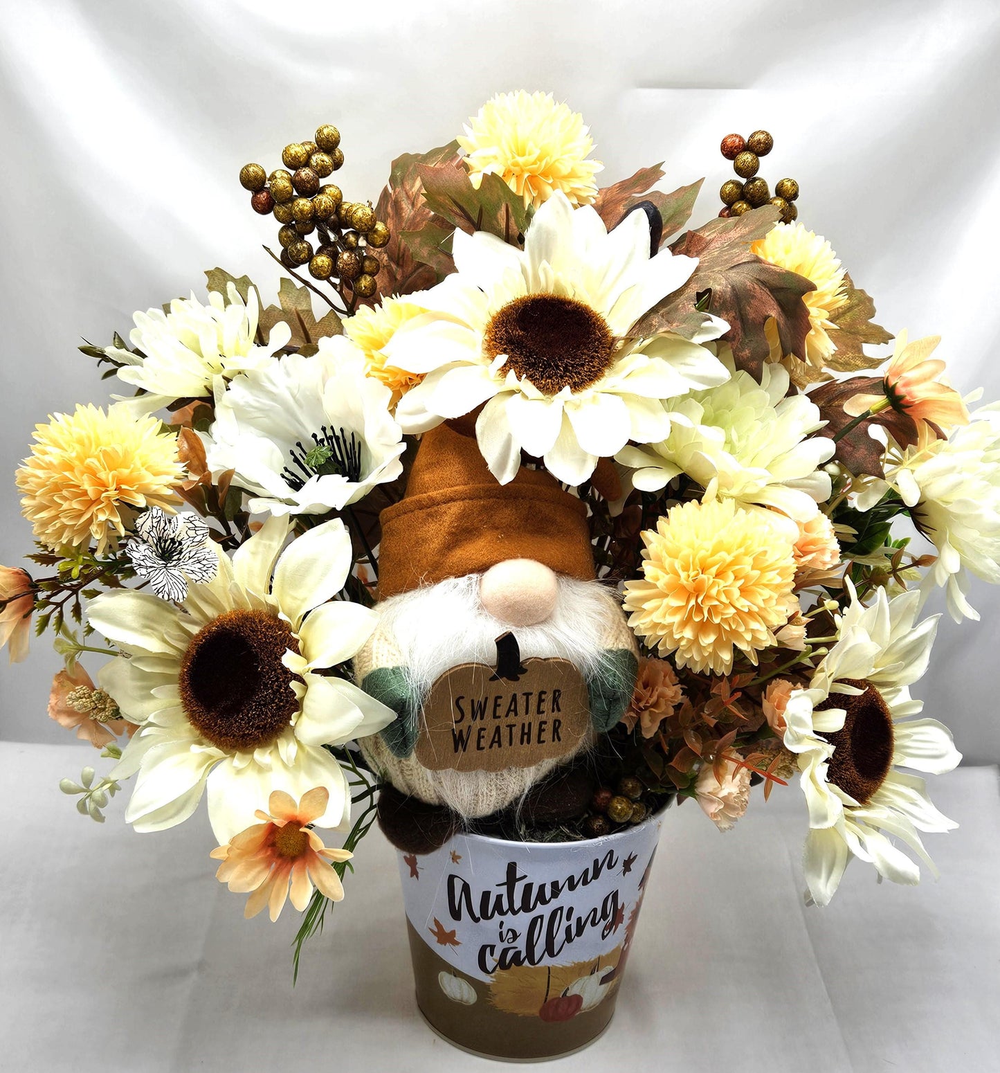 Autumn Is Calling Flower Arrangement/Sweater Weather Plush Gnome Amidst Maze Yellow Mums/Fall Flowers/White Sunflowers/Berries/Fall Leaves