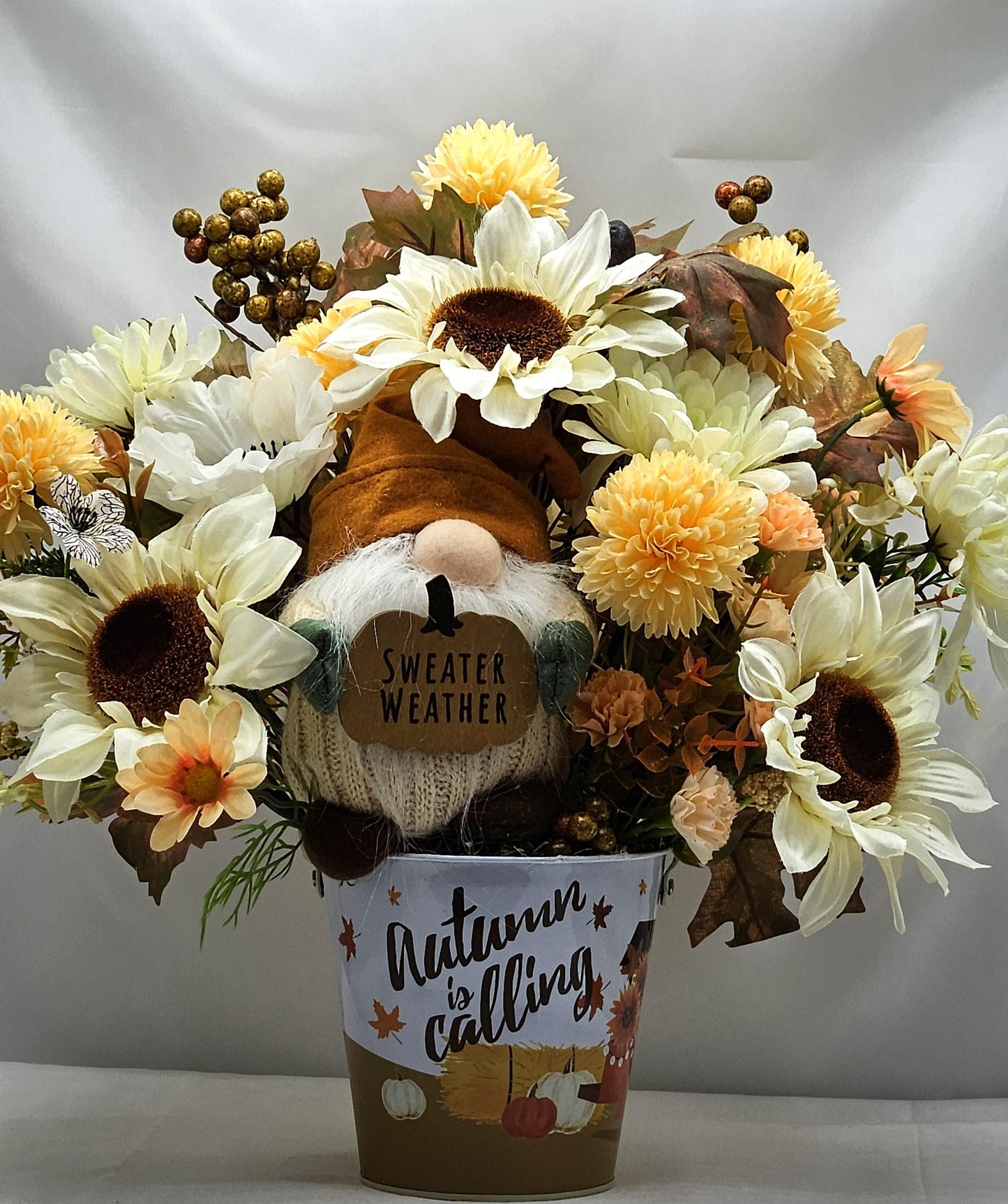 Autumn Is Calling Flower Arrangement/Sweater Weather Plush Gnome Amidst Maze Yellow Mums/Fall Flowers/White Sunflowers/Berries/Fall Leaves