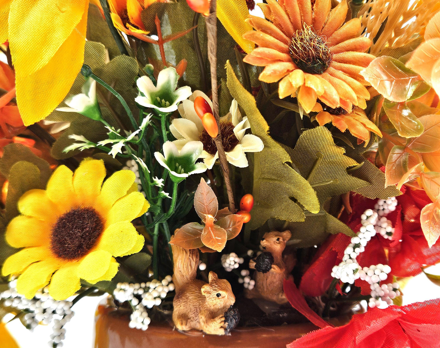 Autumn Fall Flower Arrangement in a Ceramic Acorn Nut Bowl, Large Yellow or Orange Sunflowers, Other Fall Flowers, Wheat, Accents, 2 Options