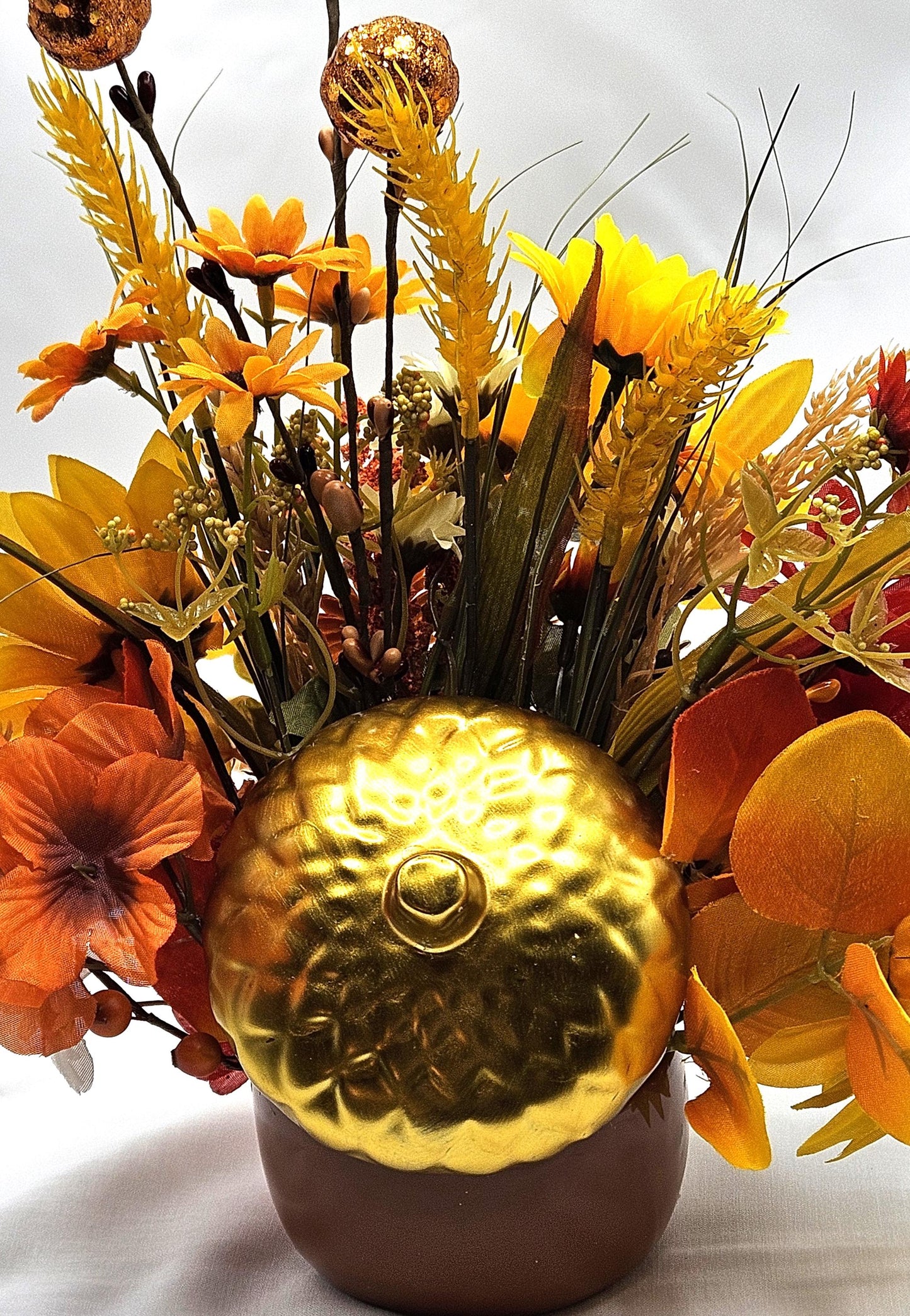 Autumn Fall Flower Arrangement in a Ceramic Acorn Nut Bowl, Large Yellow or Orange Sunflowers, Other Fall Flowers, Wheat, Accents, 2 Options
