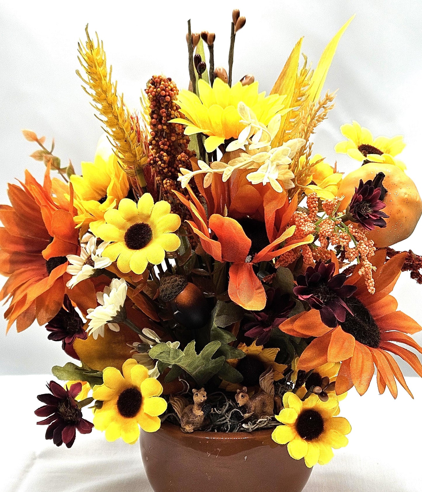 Autumn Fall Flower Arrangement in a Ceramic Acorn Nut Bowl, Large Yellow or Orange Sunflowers, Other Fall Flowers, Wheat, Accents, 2 Options