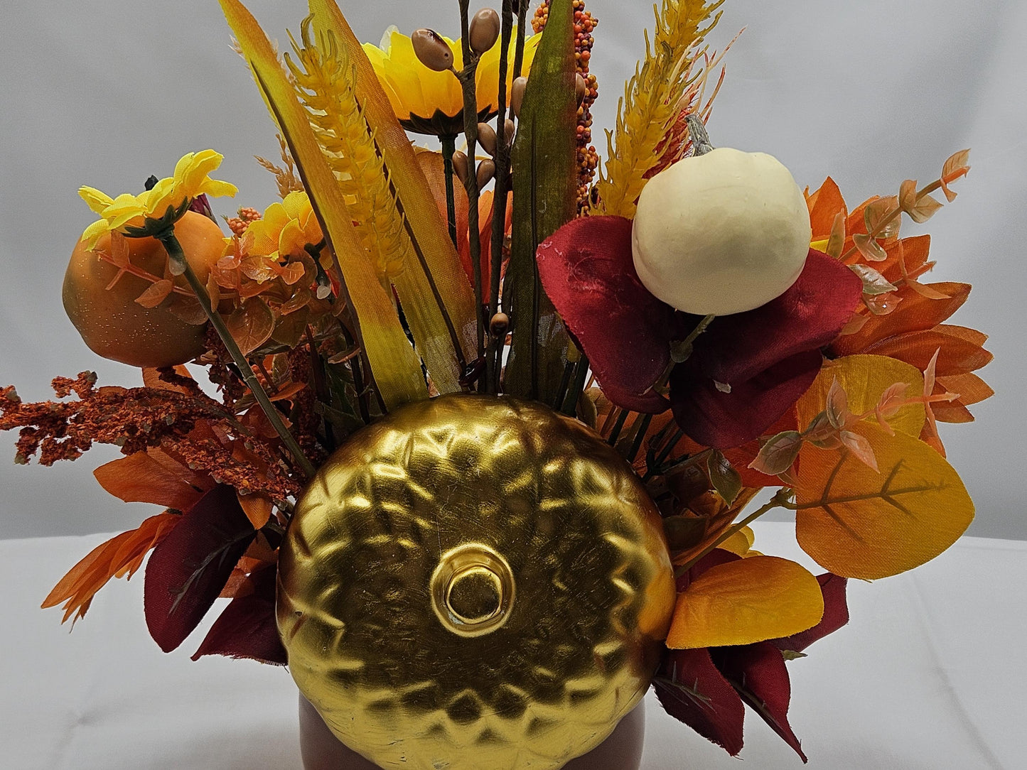 Autumn Fall Flower Arrangement in a Ceramic Acorn Nut Bowl, Large Yellow or Orange Sunflowers, Other Fall Flowers, Wheat, Accents, 2 Options