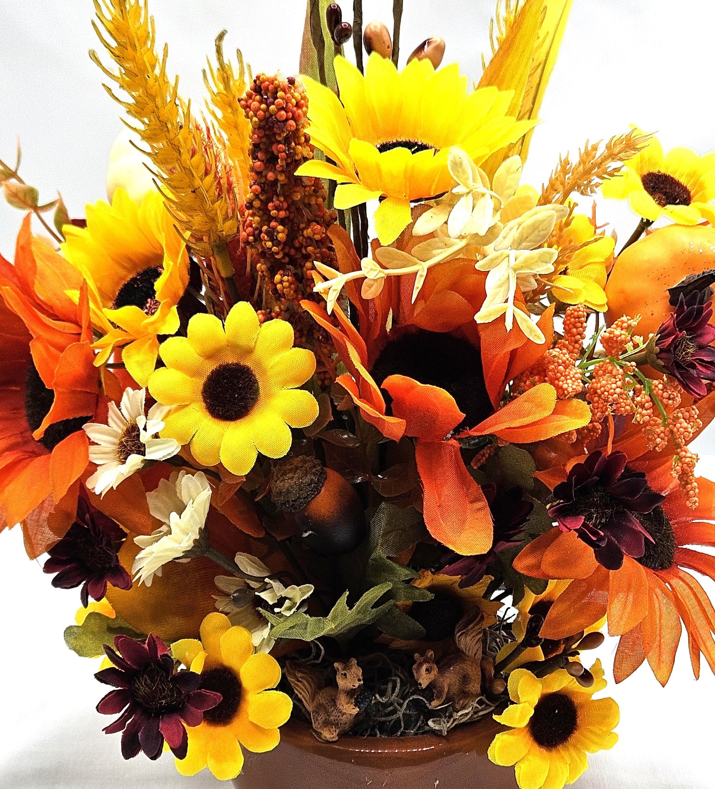 Autumn Fall Flower Arrangement in a Ceramic Acorn Nut Bowl, Large Yellow or Orange Sunflowers, Other Fall Flowers, Wheat, Accents, 2 Options