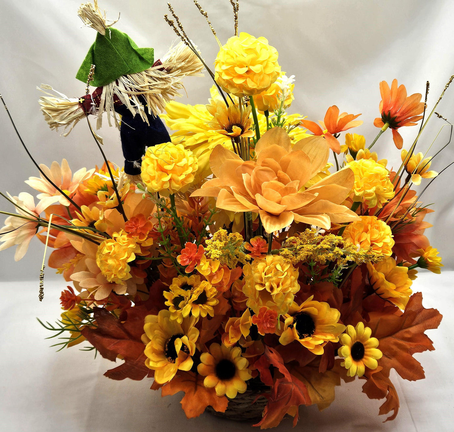 Burnt Oranges and Yellow Fall Flowers/Mums/Sunflowers/Grasses/Scarecrow/Rattan Straw Chicken Set in Tan Woven Basket/Auttumn/Fall Home Decor