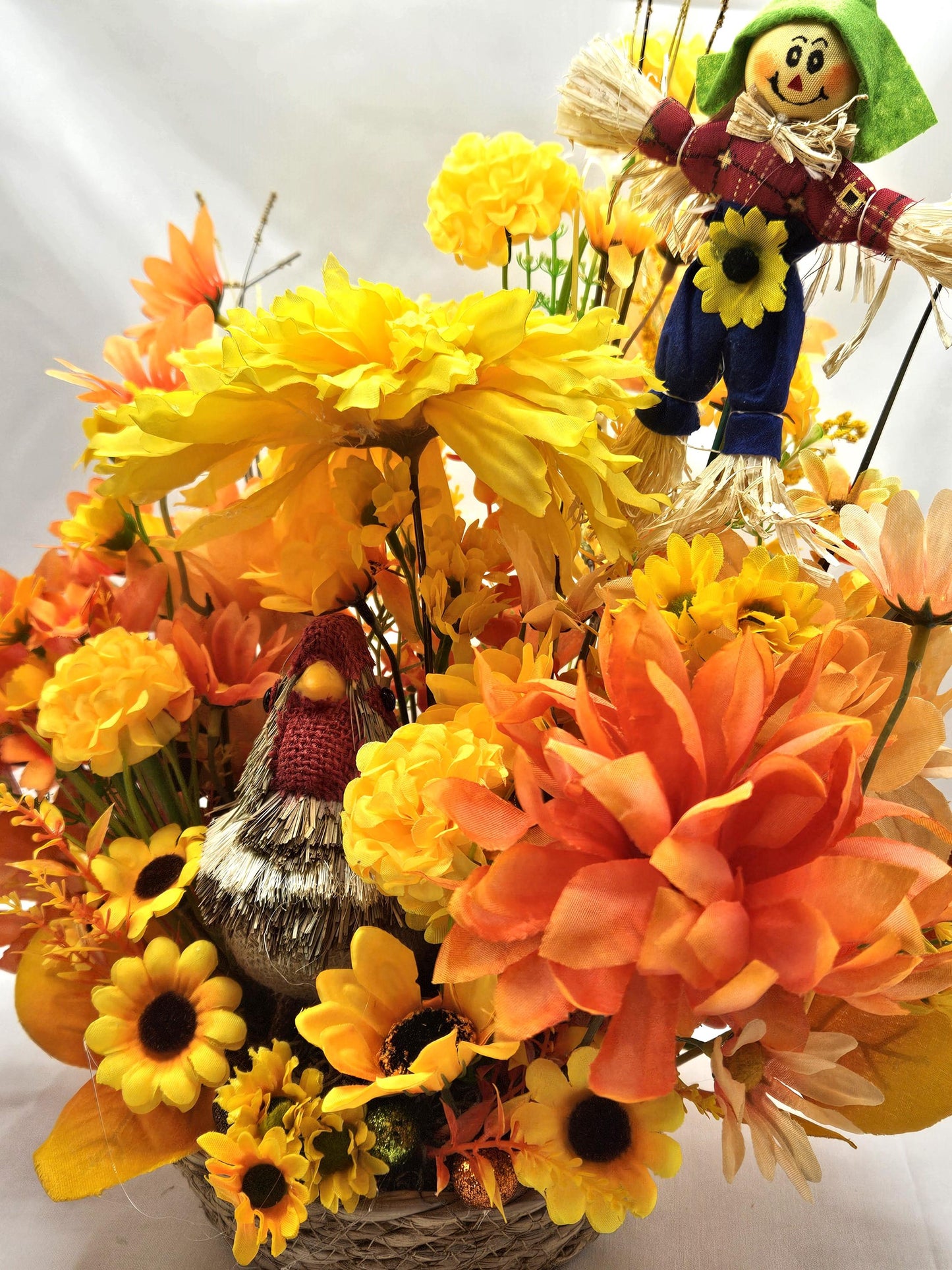Burnt Oranges and Yellow Fall Flowers/Mums/Sunflowers/Grasses/Scarecrow/Rattan Straw Chicken Set in Tan Woven Basket/Auttumn/Fall Home Decor
