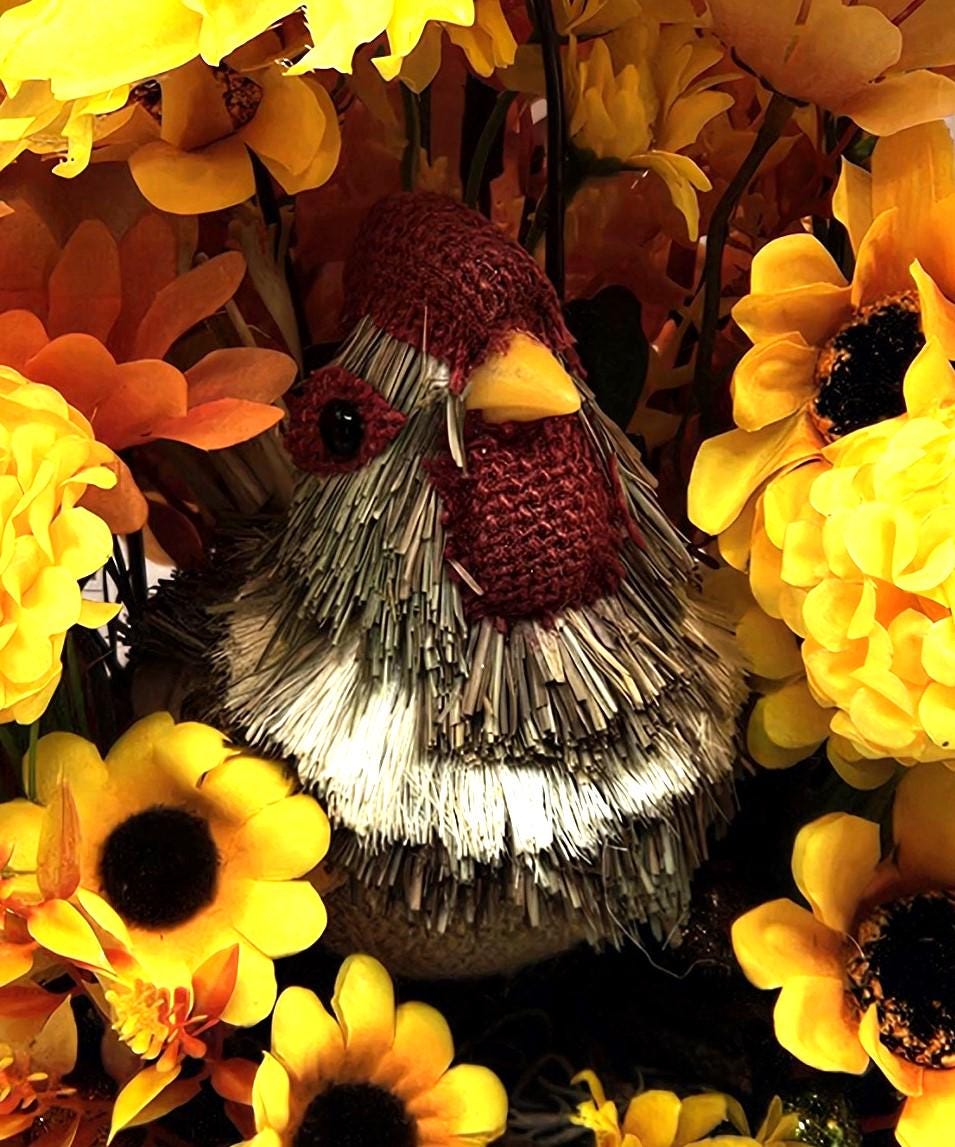 Burnt Oranges and Yellow Fall Flowers/Mums/Sunflowers/Grasses/Scarecrow/Rattan Straw Chicken Set in Tan Woven Basket/Auttumn/Fall Home Decor