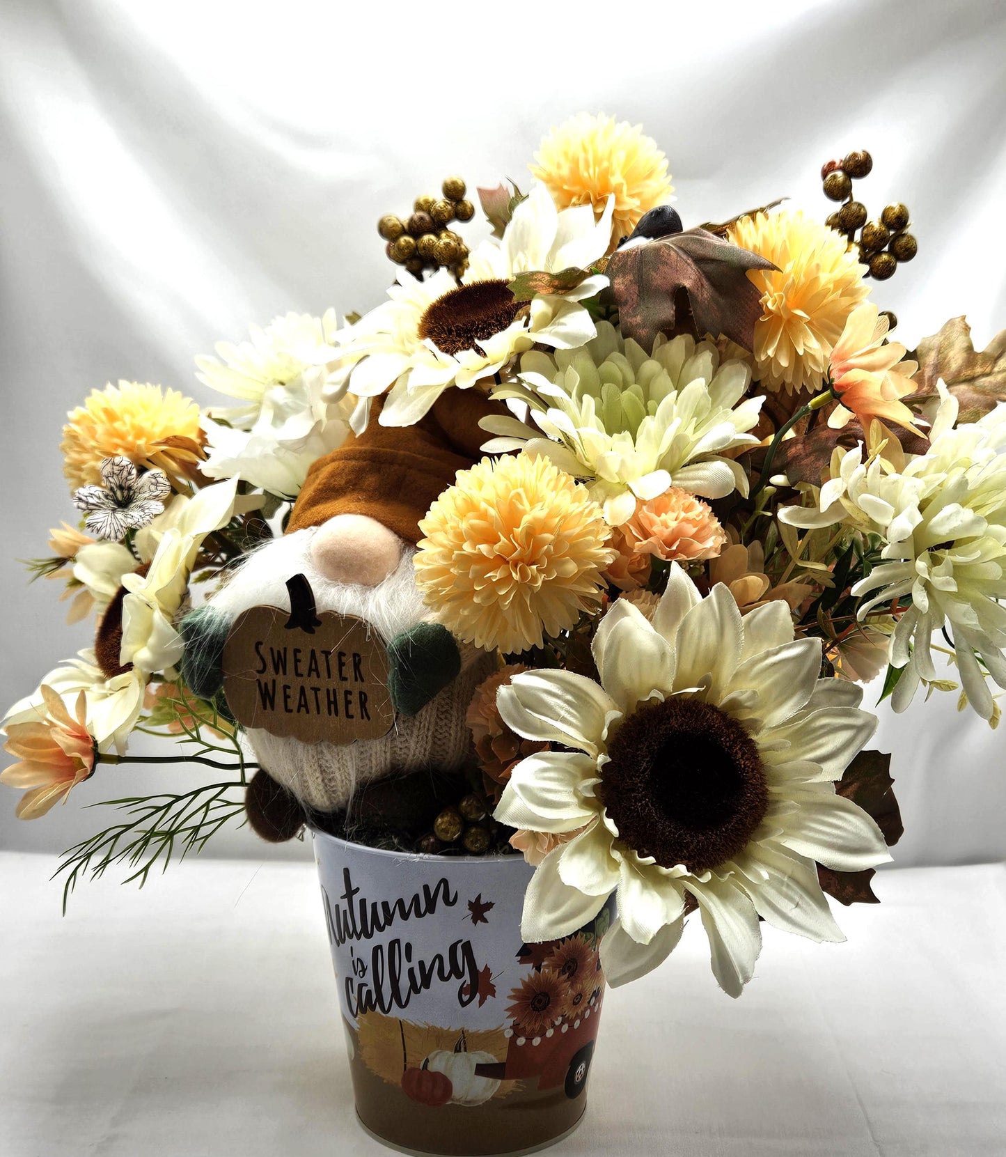 Autumn Is Calling Flower Arrangement/Sweater Weather Plush Gnome Amidst Maze Yellow Mums/Fall Flowers/White Sunflowers/Berries/Fall Leaves