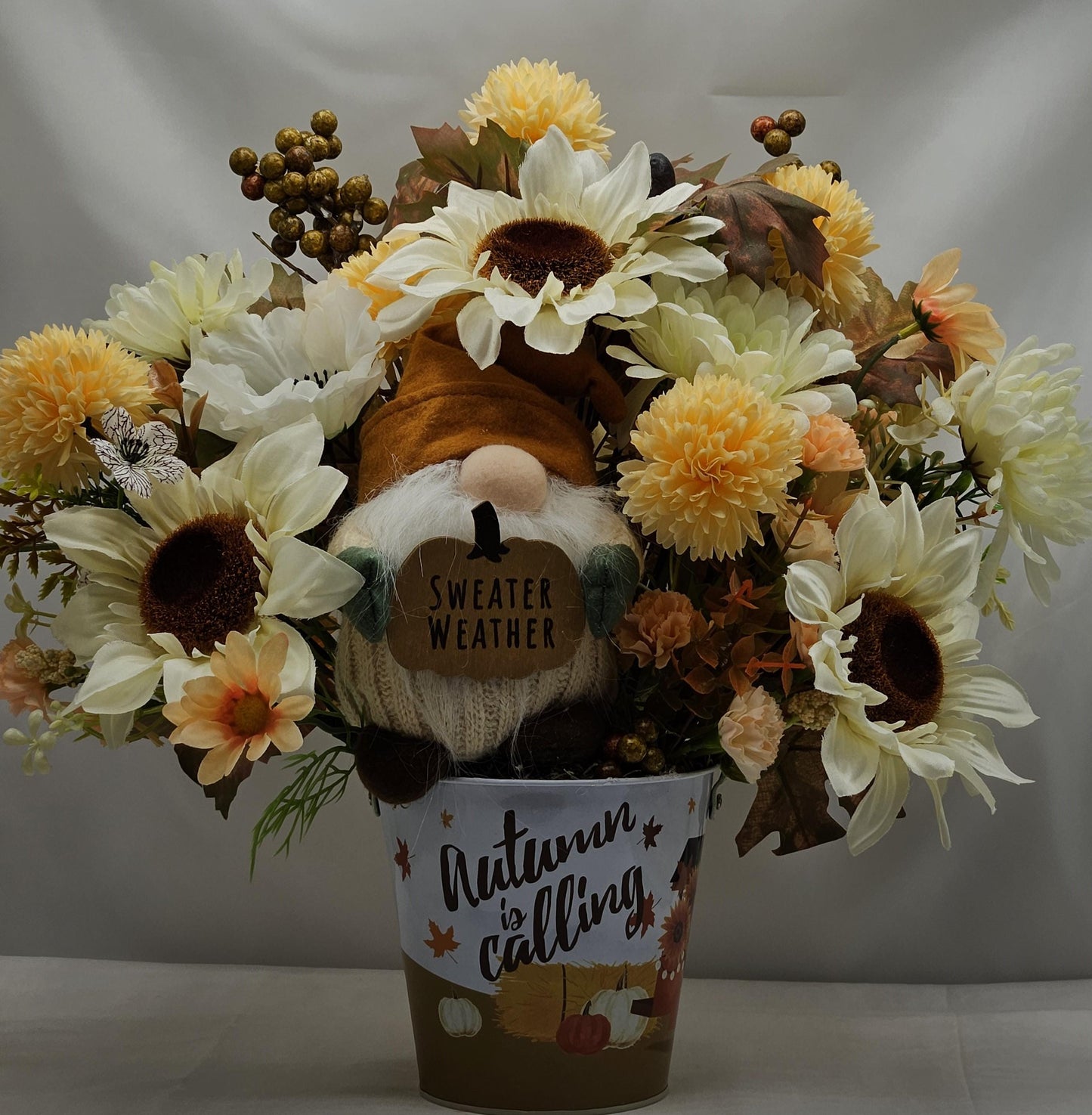 Autumn Is Calling Flower Arrangement/Sweater Weather Plush Gnome Amidst Maze Yellow Mums/Fall Flowers/White Sunflowers/Berries/Fall Leaves