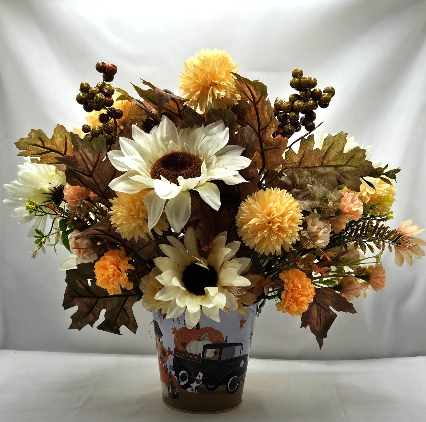 Autumn Is Calling Flower Arrangement/Sweater Weather Plush Gnome Amidst Maze Yellow Mums/Fall Flowers/White Sunflowers/Berries/Fall Leaves