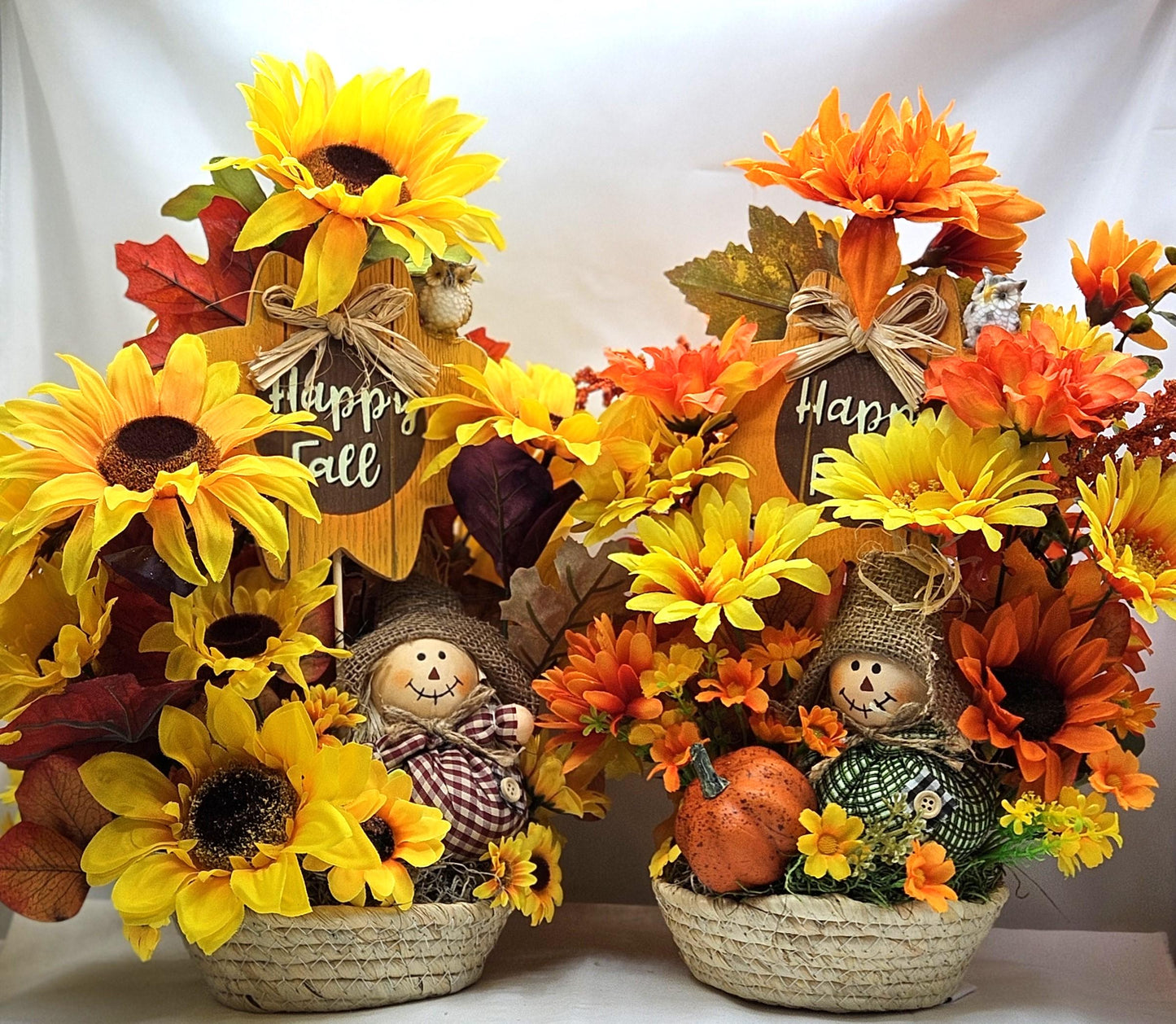 Autumn/Fall Flower Arrangement/Wooden Happy Fall Sign/2 Options, Red Scarecrow w/Yellow Sunflowers or Green Scarecrow w/Orange Sunflowers