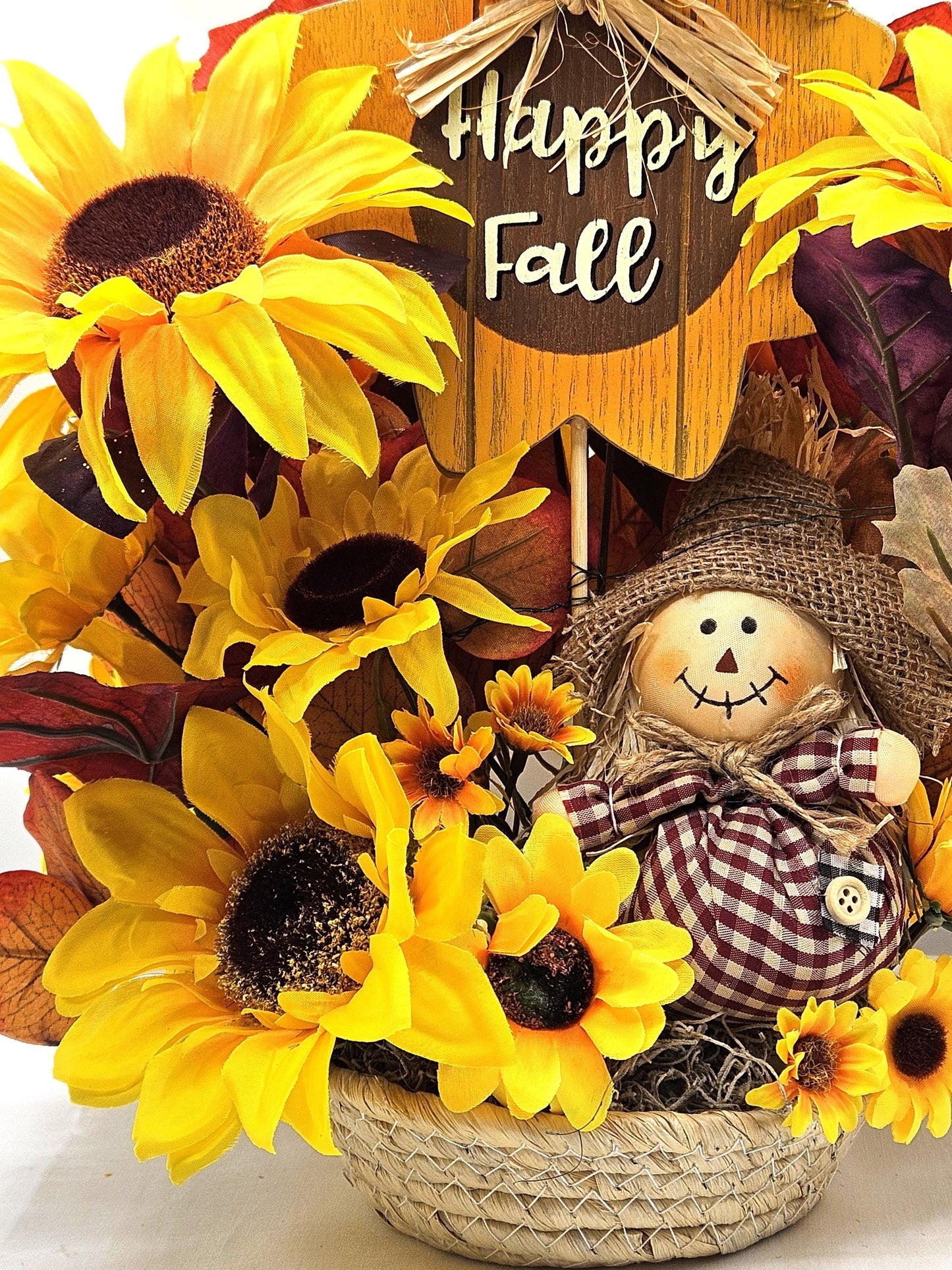 Autumn/Fall Flower Arrangement/Wooden Happy Fall Sign/2 Options, Red Scarecrow w/Yellow Sunflowers or Green Scarecrow w/Orange Sunflowers