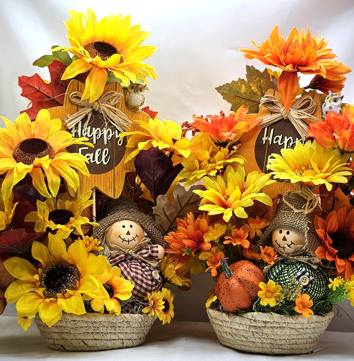 Autumn/Fall Flower Arrangement/Wooden Happy Fall Sign/2 Options, Red Scarecrow w/Yellow Sunflowers or Green Scarecrow w/Orange Sunflowers