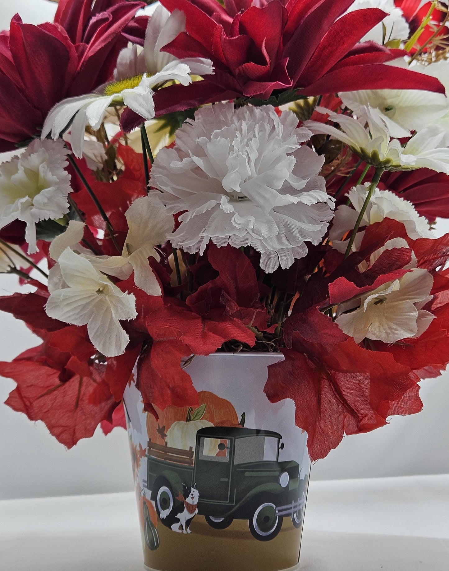 Autumn is Calling Tin Filled with Red and White Mums/Fall Flowers, Large Pumpkin, Great Fall Centerpiece Home/Office Decor, Party Fall Gift