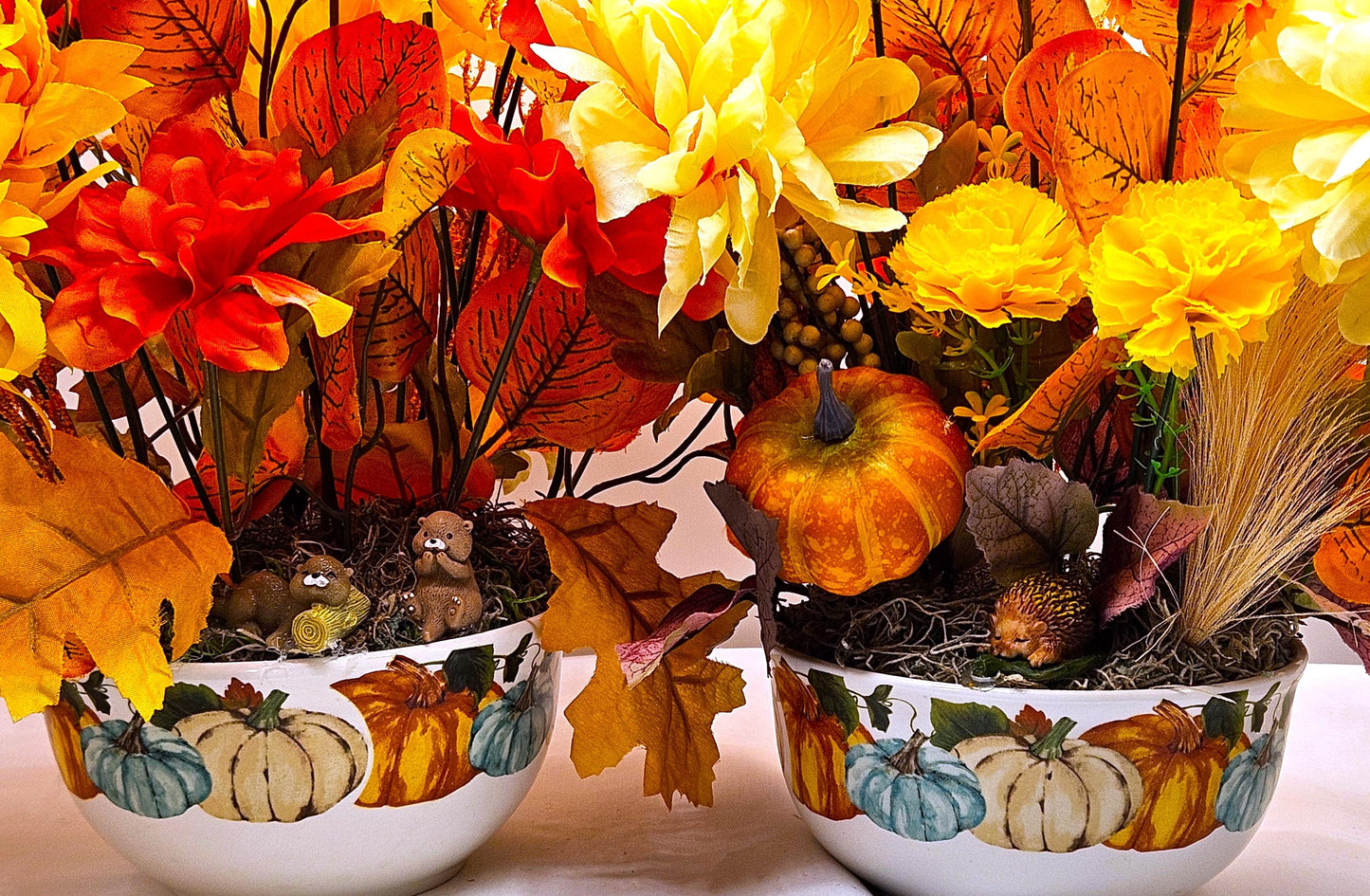 Colorful Autumn/Fall Flower Arrangements in Ceramic Pumpkin Bowl, 2 Options w/Otters or a Hedgehog, Pumpkin, Glitter Leaves/Grass Accents