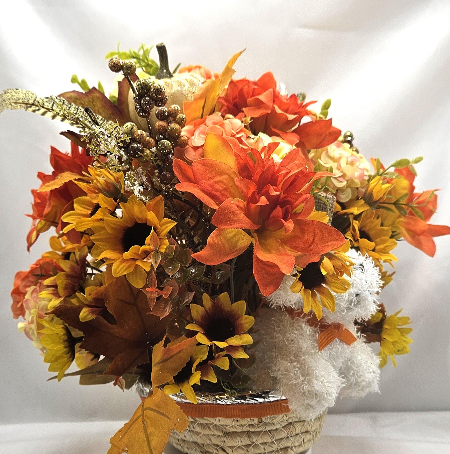 Fall Flower Arrangement with White Dog in Woven Basket: Autumn Decor