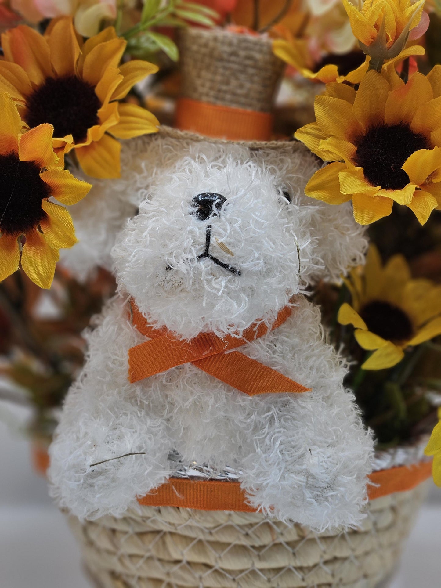 Fall Flower Arrangement with White Dog in Woven Basket: Autumn Decor