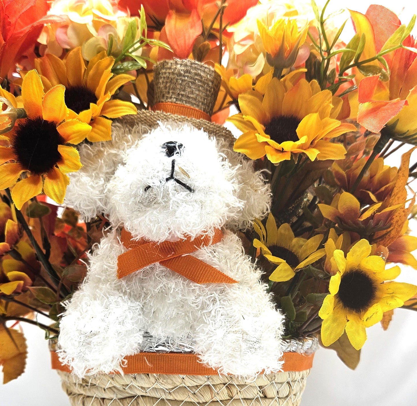 Fall Flower Arrangement with White Dog in Woven Basket: Autumn Decor