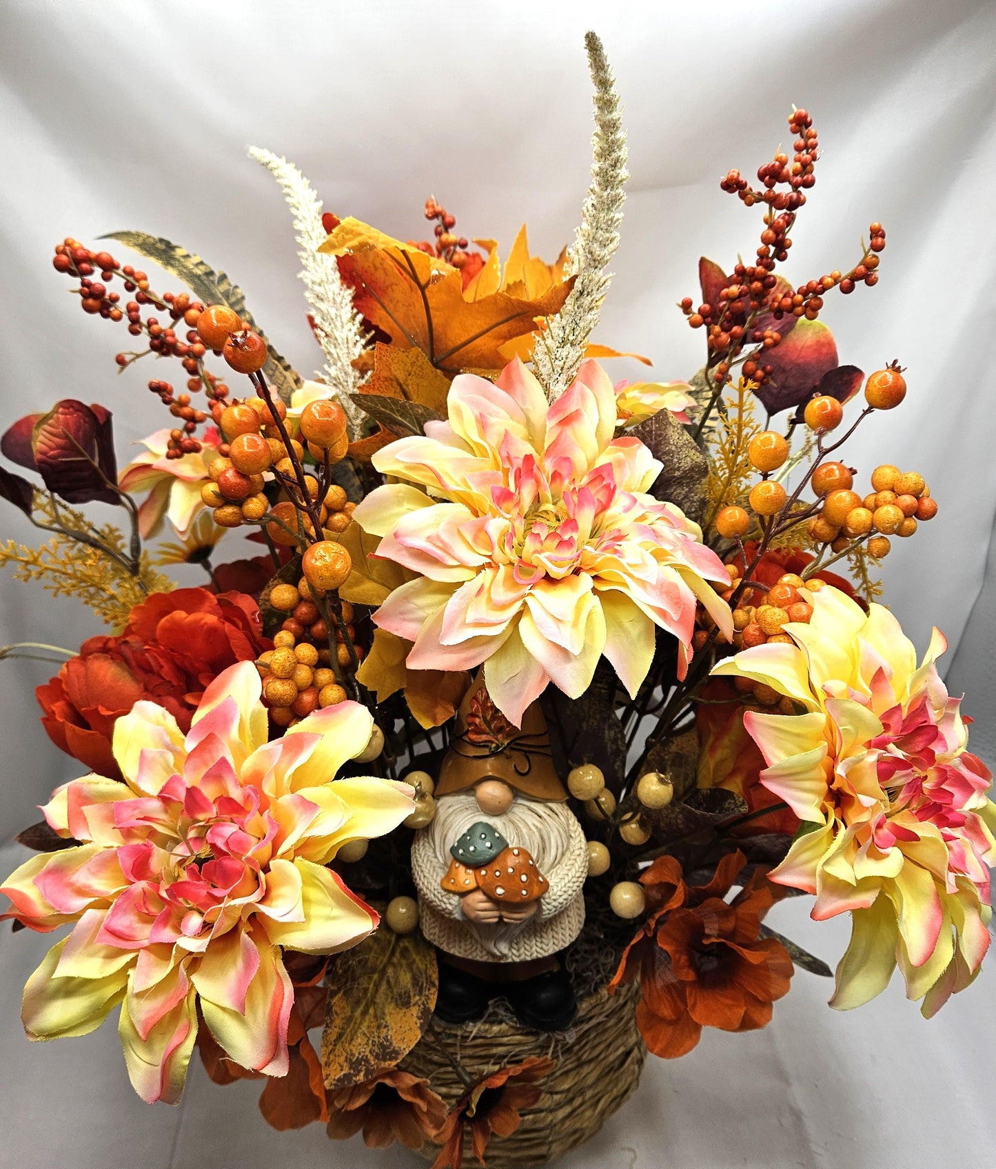 Fall Gnome Centerpiece: Dahlias, Mums & Berries in Wicker Basket