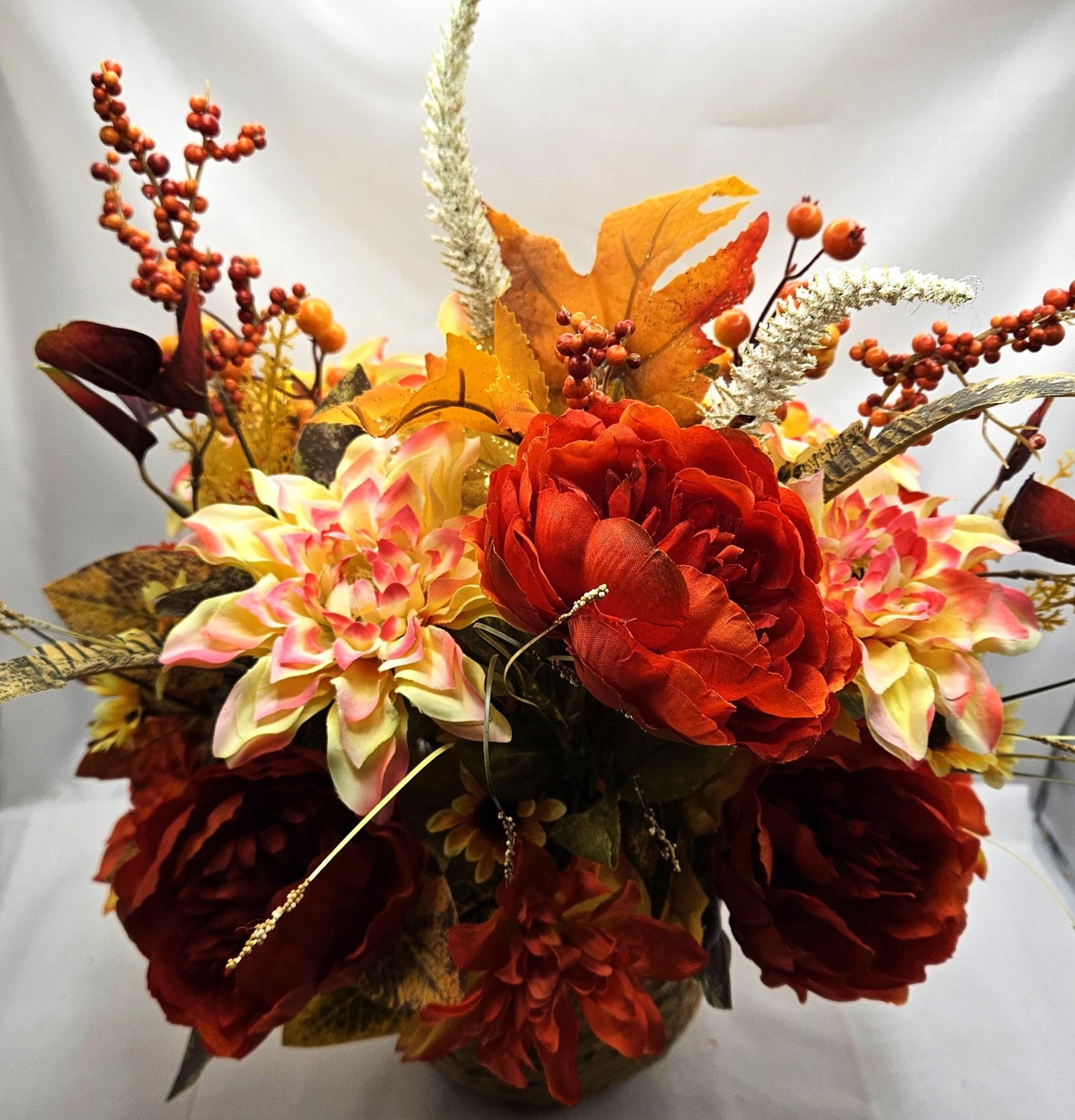 Fall Gnome Centerpiece: Dahlias, Mums & Berries in Wicker Basket
