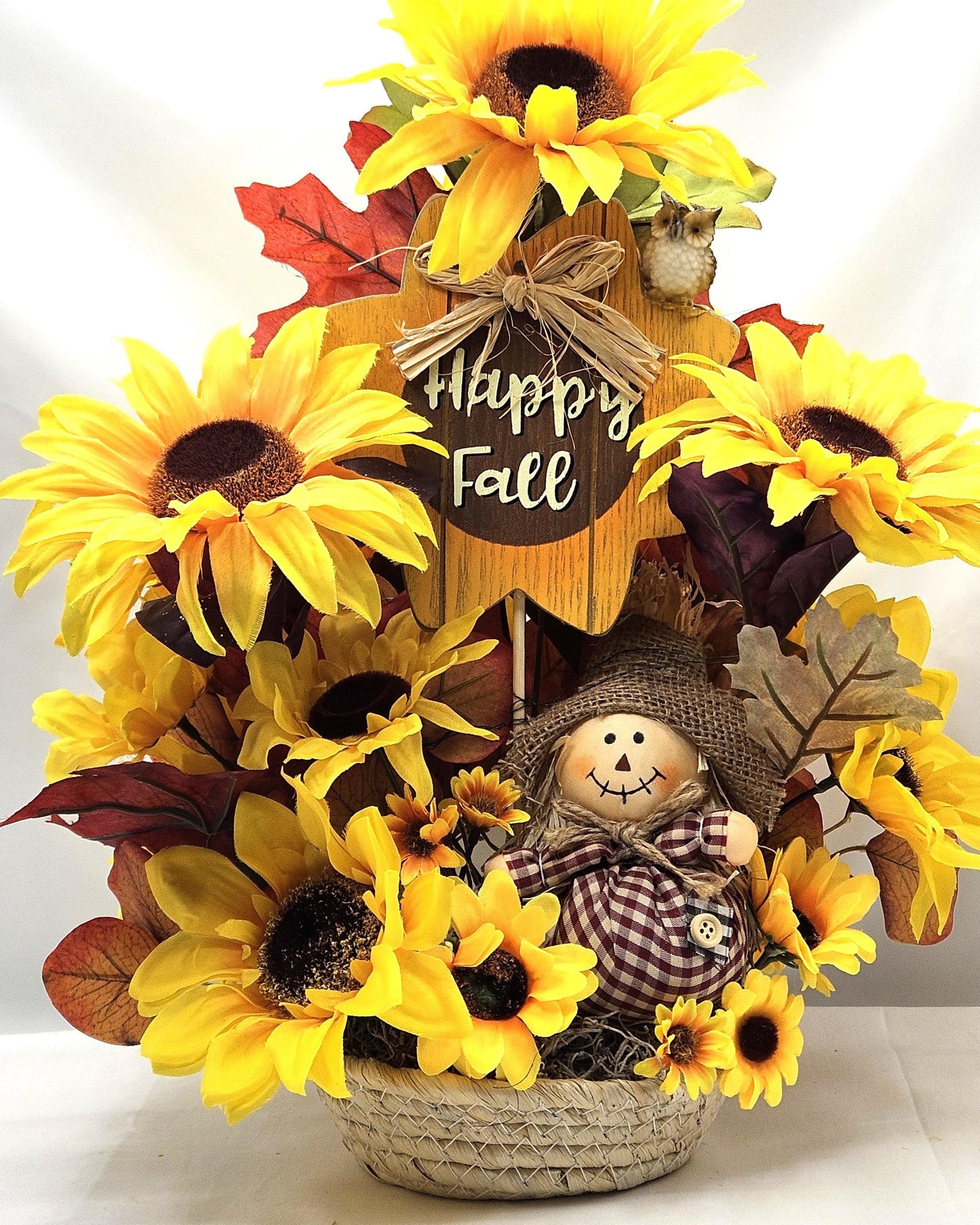 Autumn/Fall Flower Arrangement/Wooden Happy Fall Sign/2 Options, Red Scarecrow w/Yellow Sunflowers or Green Scarecrow w/Orange Sunflowers