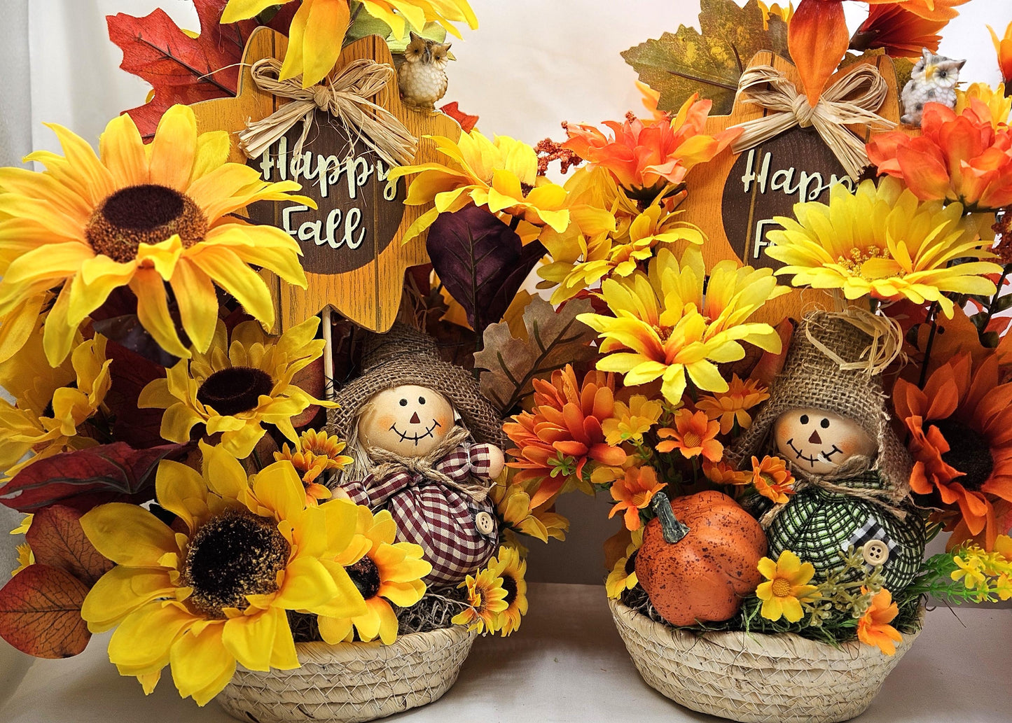 Autumn/Fall Flower Arrangement/Wooden Happy Fall Sign/2 Options, Red Scarecrow w/Yellow Sunflowers or Green Scarecrow w/Orange Sunflowers