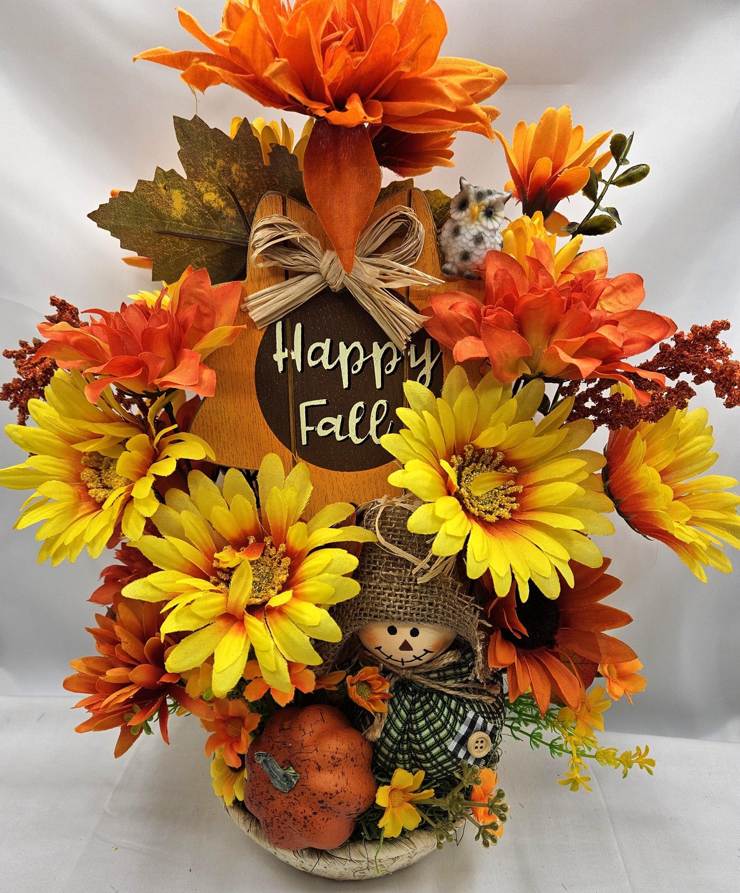 Autumn/Fall Flower Arrangement/Wooden Happy Fall Sign/2 Options, Red Scarecrow w/Yellow Sunflowers or Green Scarecrow w/Orange Sunflowers