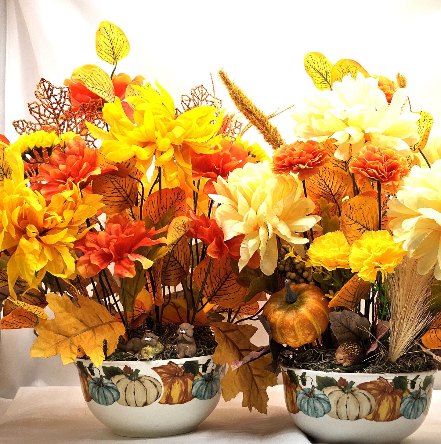 Colorful Autumn/Fall Flower Arrangements in Ceramic Pumpkin Bowl, 2 Options w/Otters or a Hedgehog, Pumpkin, Glitter Leaves/Grass Accents