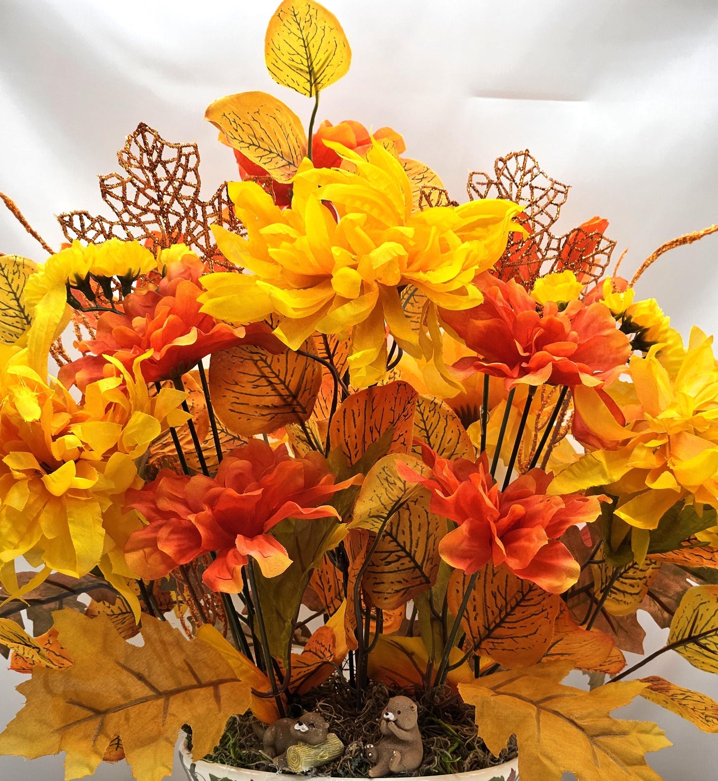 Colorful Autumn/Fall Flower Arrangements in Ceramic Pumpkin Bowl, 2 Options w/Otters or a Hedgehog, Pumpkin, Glitter Leaves/Grass Accents