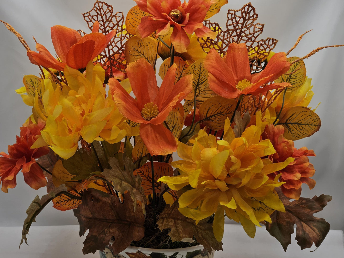 Colorful Autumn/Fall Flower Arrangements in Ceramic Pumpkin Bowl, 2 Options w/Otters or a Hedgehog, Pumpkin, Glitter Leaves/Grass Accents