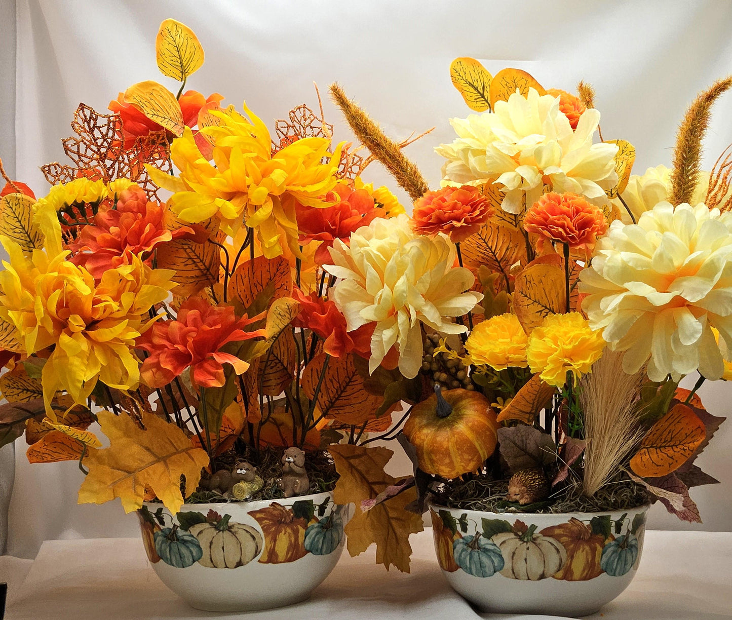 Colorful Autumn/Fall Flower Arrangements in Ceramic Pumpkin Bowl, 2 Options w/Otters or a Hedgehog, Pumpkin, Glitter Leaves/Grass Accents