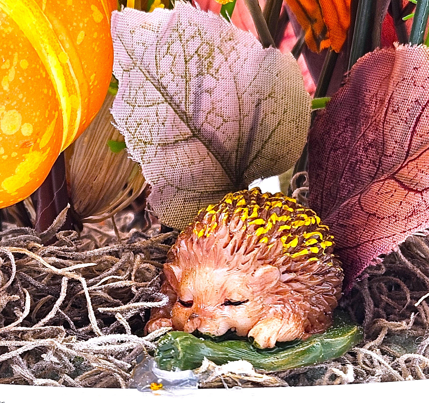 Colorful Autumn/Fall Flower Arrangements in Ceramic Pumpkin Bowl, 2 Options w/Otters or a Hedgehog, Pumpkin, Glitter Leaves/Grass Accents