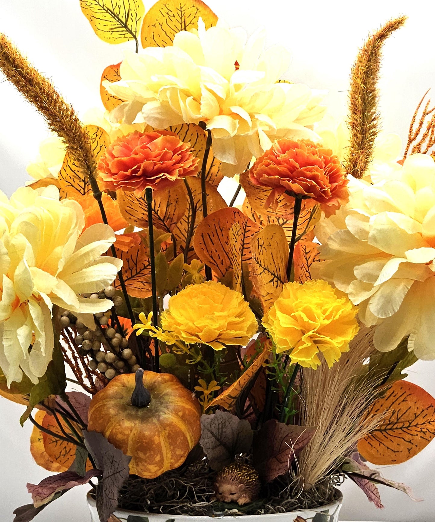 Colorful Autumn/Fall Flower Arrangements in Ceramic Pumpkin Bowl, 2 Options w/Otters or a Hedgehog, Pumpkin, Glitter Leaves/Grass Accents