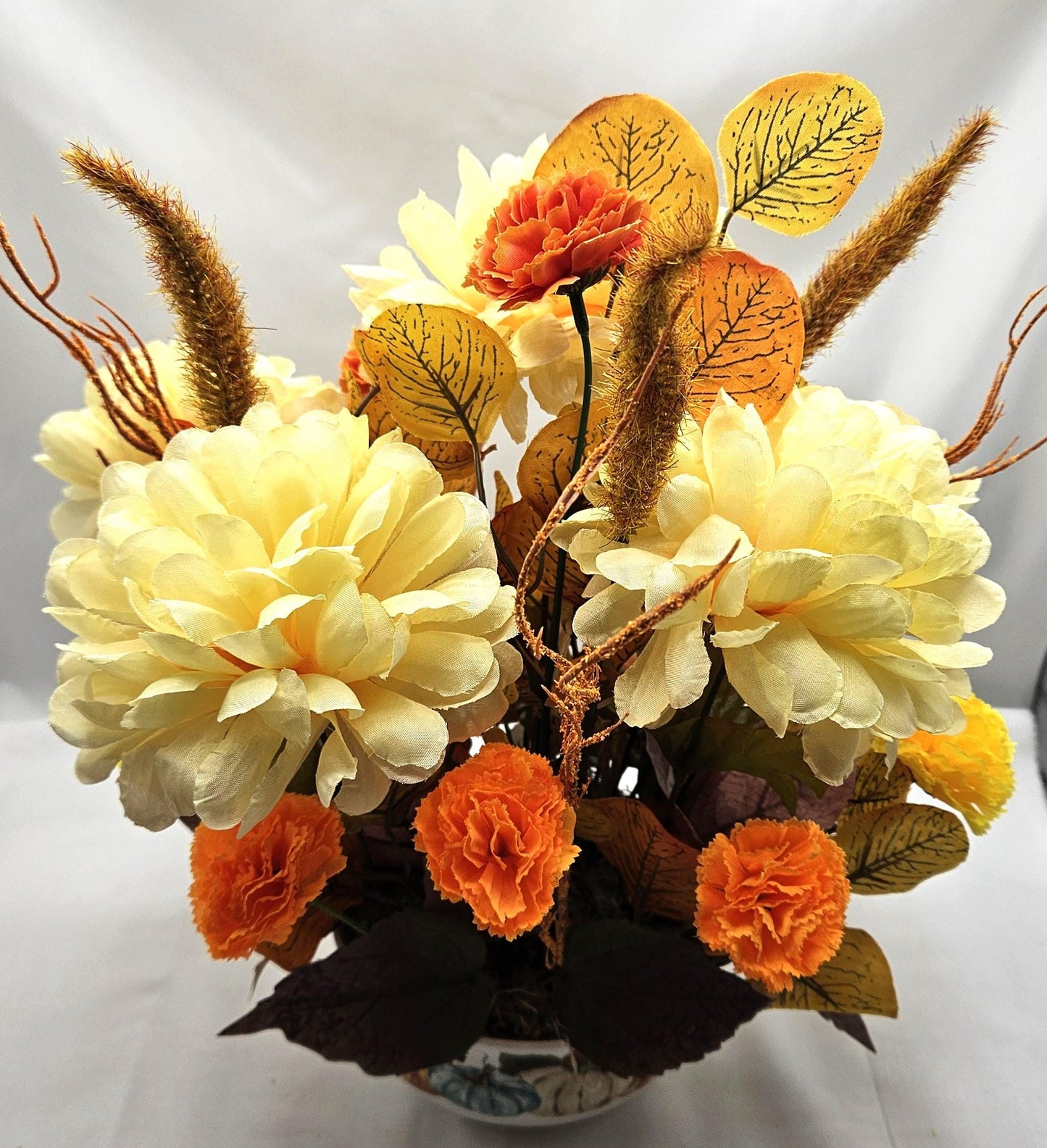 Colorful Autumn/Fall Flower Arrangements in Ceramic Pumpkin Bowl, 2 Options w/Otters or a Hedgehog, Pumpkin, Glitter Leaves/Grass Accents