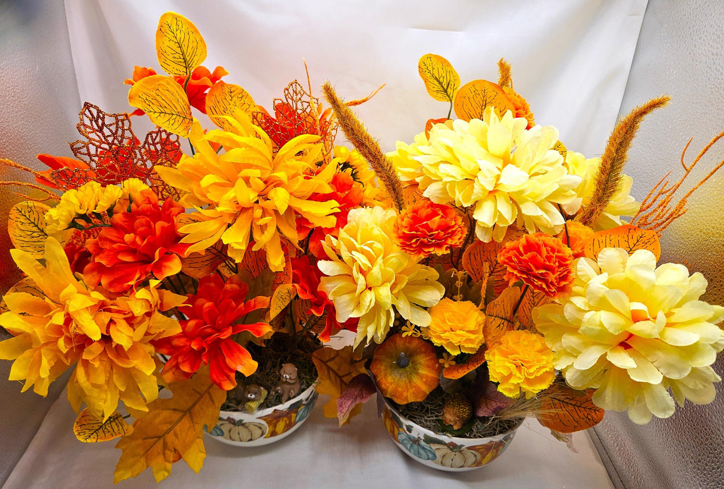 Colorful Autumn/Fall Flower Arrangements in Ceramic Pumpkin Bowl, 2 Options w/Otters or a Hedgehog, Pumpkin, Glitter Leaves/Grass Accents