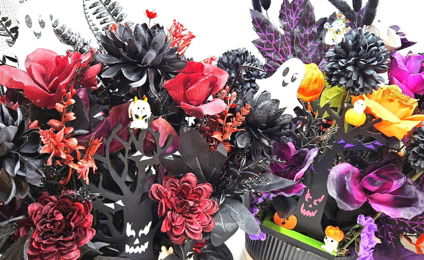 Creepy, Eerie Halloween Trees in Festive Flower Arrangements/2 options, red/black or Black/White/Halloween accents/set in black plastic bowl