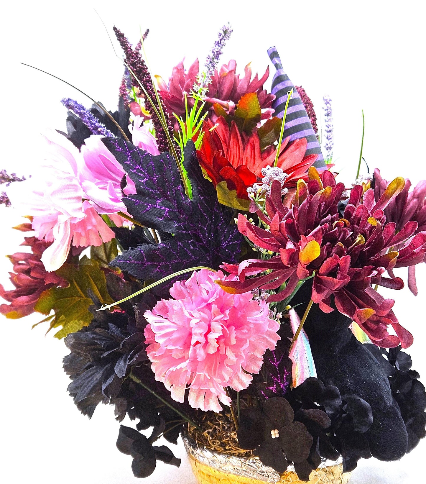 Cute Mysterious Stuffed Flying Halloween Bat Amidst Floral Garden of Burgundy/Pink/Black/Purple, Festive Accents, Halloween Gift/Decor