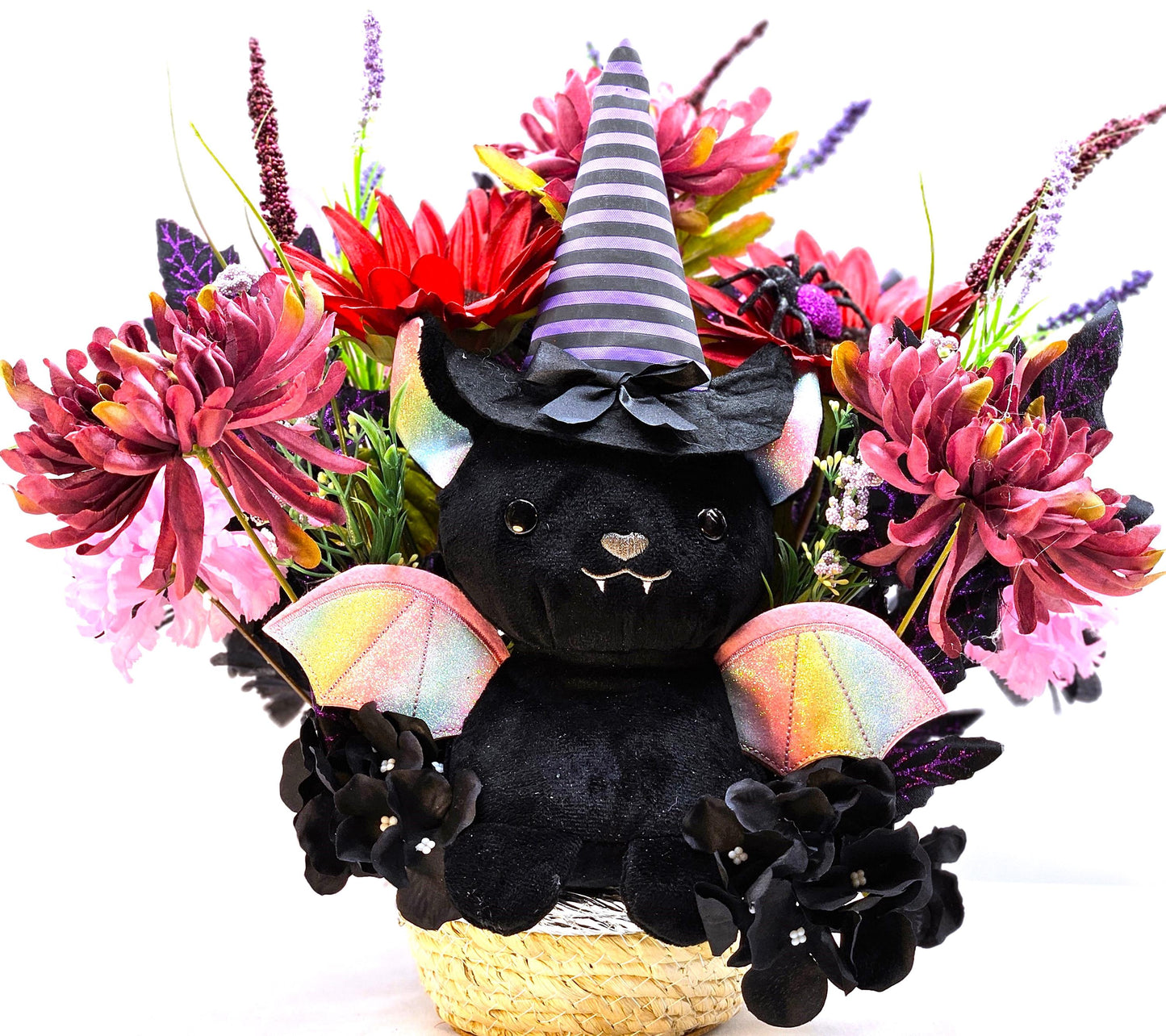 Cute Mysterious Stuffed Flying Halloween Bat Amidst Floral Garden of Burgundy/Pink/Black/Purple, Festive Accents, Halloween Gift/Decor