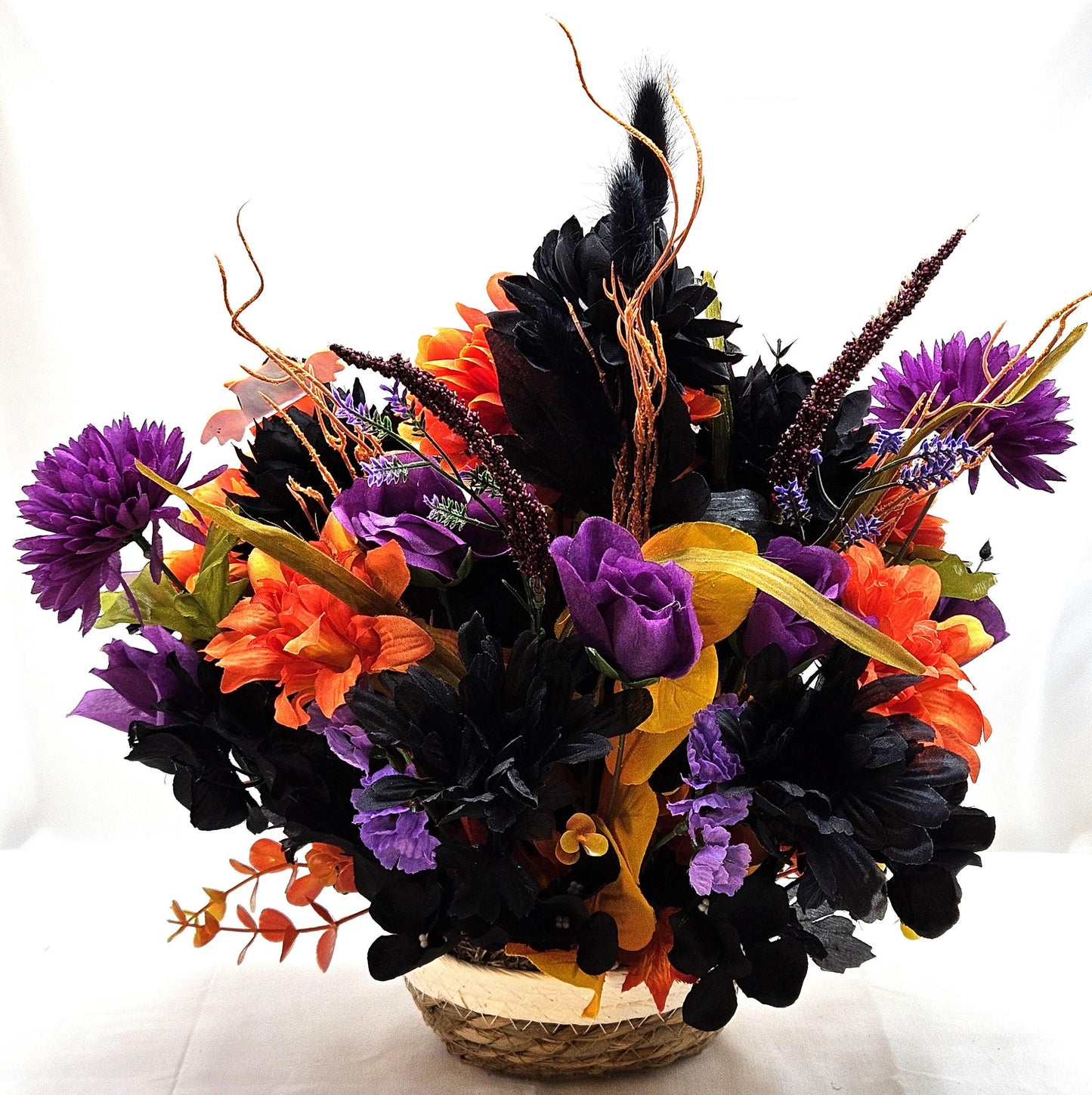 Adorable Black Witch Bear w/Happy Halloween Sign Amidst Orange/Purple/Black Flowers/Halloween Accents/Owl/Witch Hat/Halloween Decor/Gift
