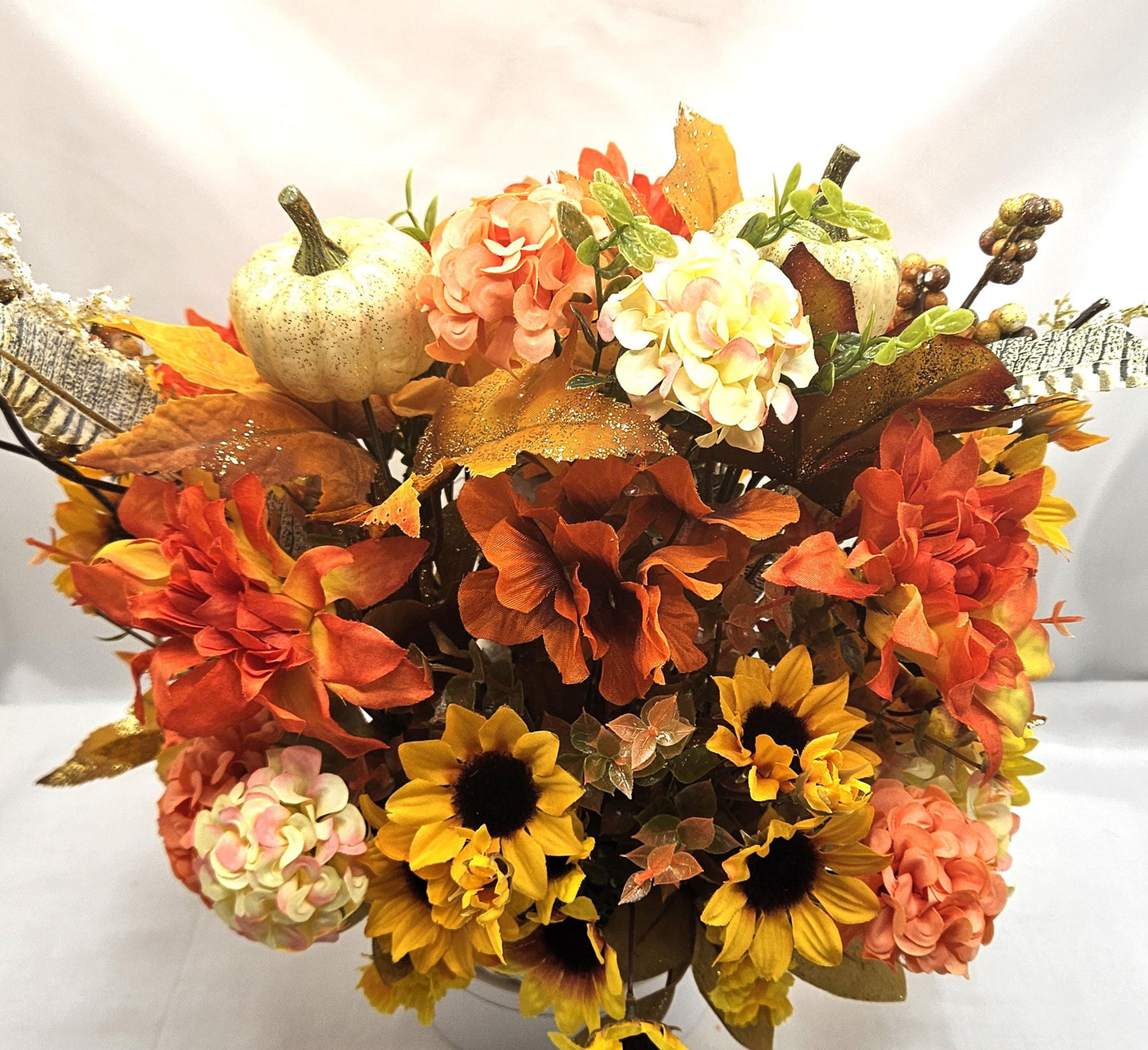 Fall Flower Arrangement with White Dog in Woven Basket: Autumn Decor