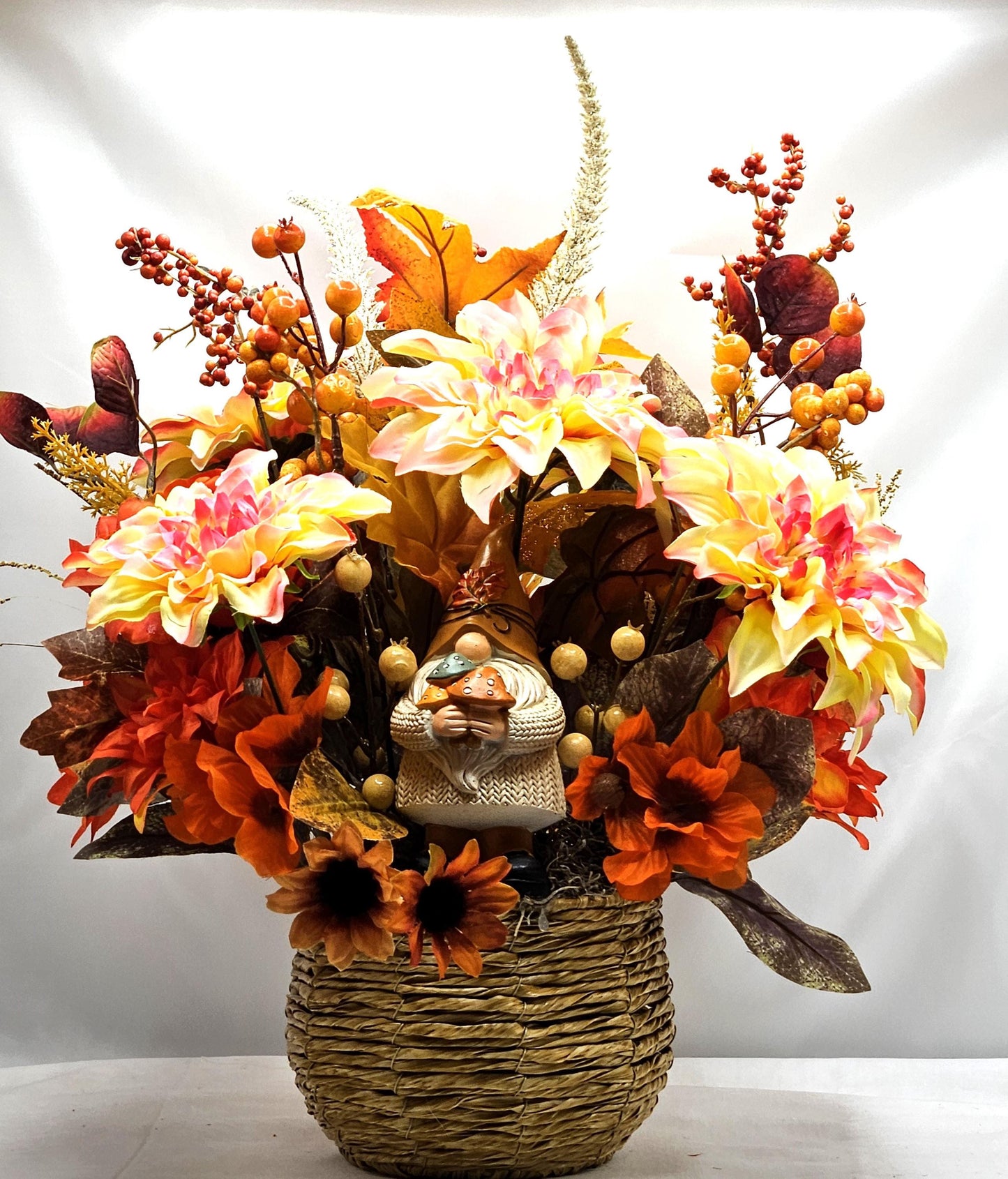 Fall Gnome Centerpiece: Dahlias, Mums & Berries in Wicker Basket