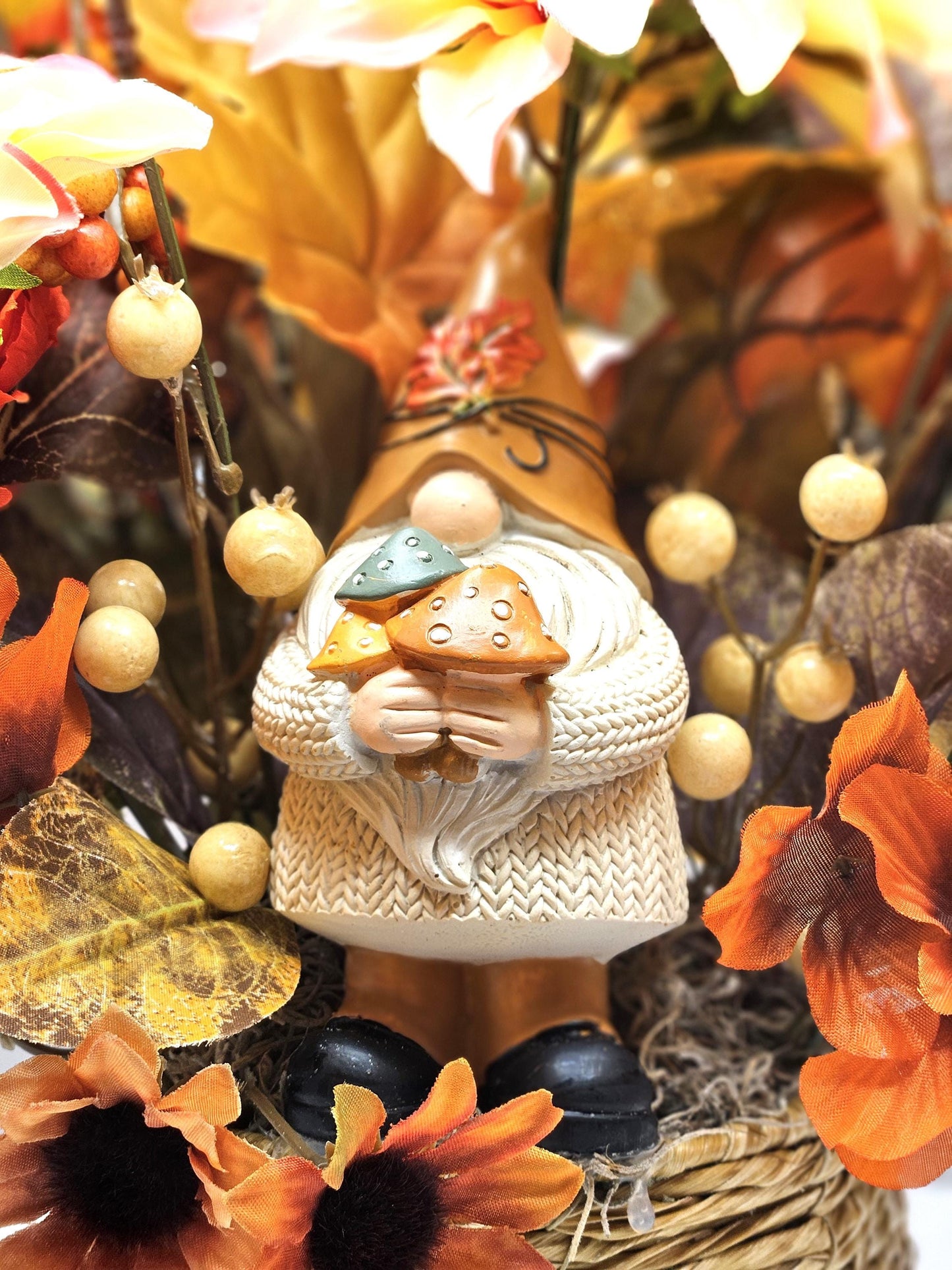 Fall Gnome Centerpiece: Dahlias, Mums & Berries in Wicker Basket